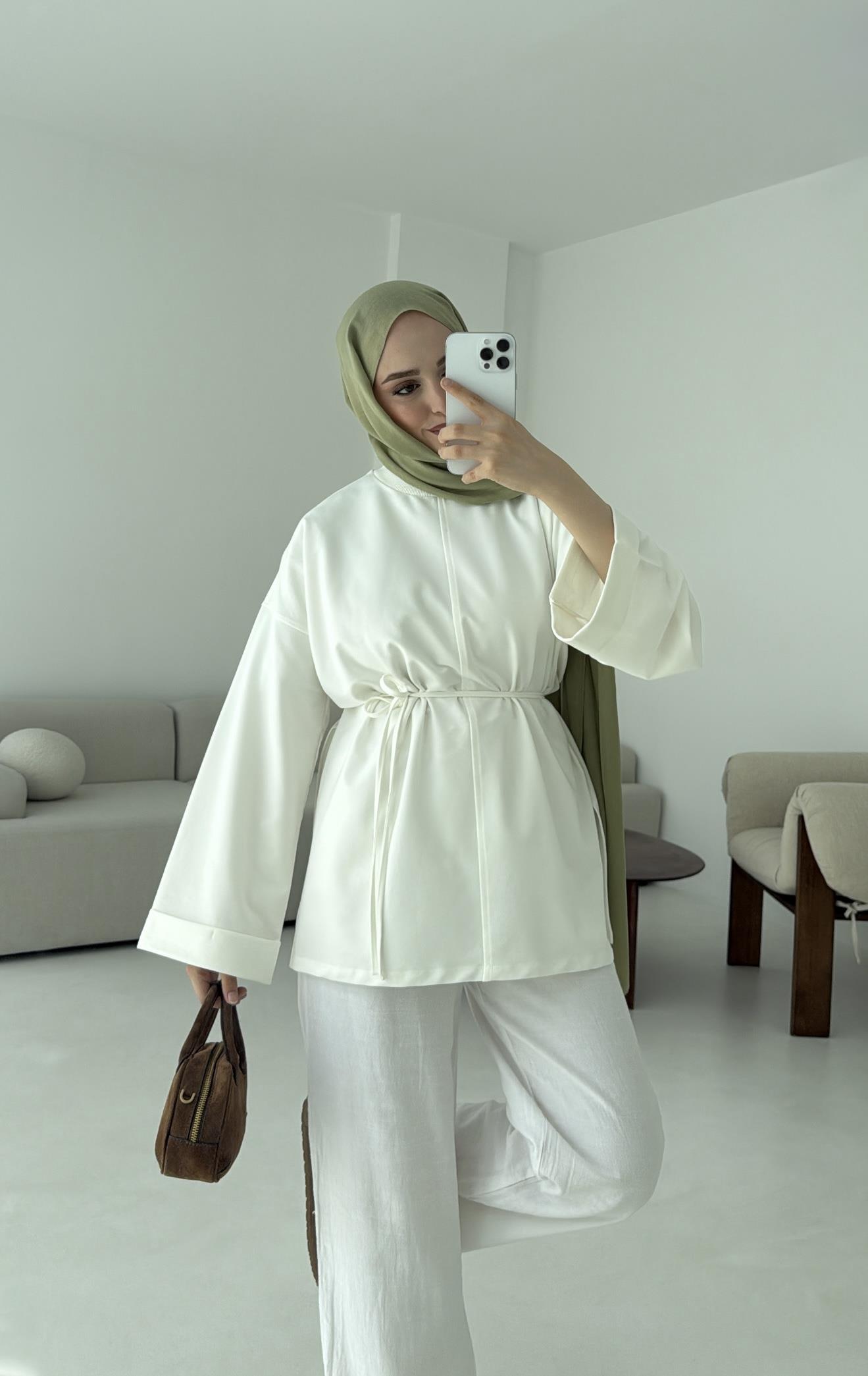 Bağlamalı Yanı Yırtmaç Detay Sweat Beyaz