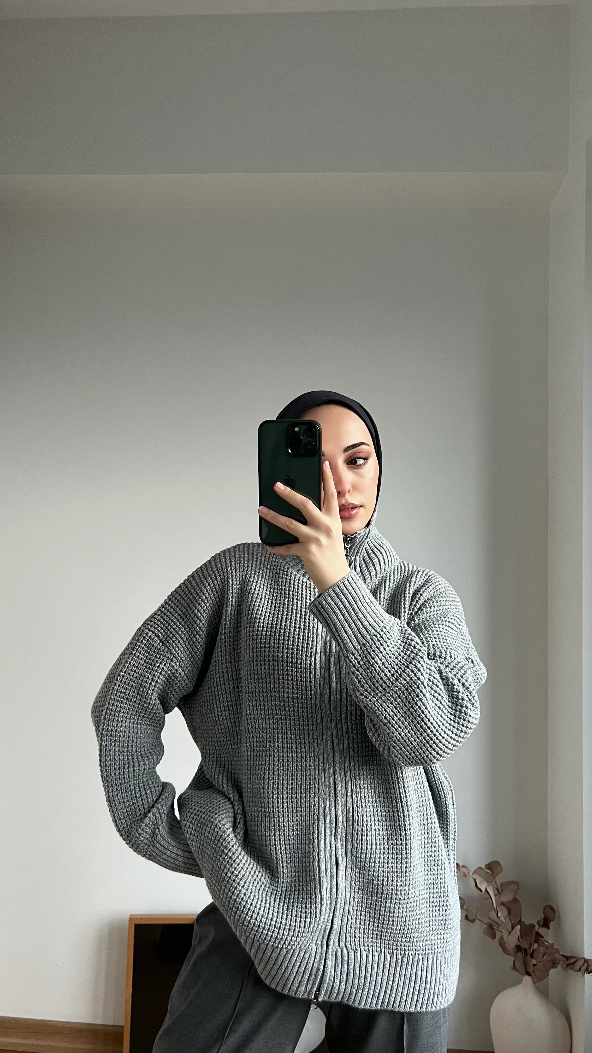 Kalın Örgü Fermuarlı Kazak Gri