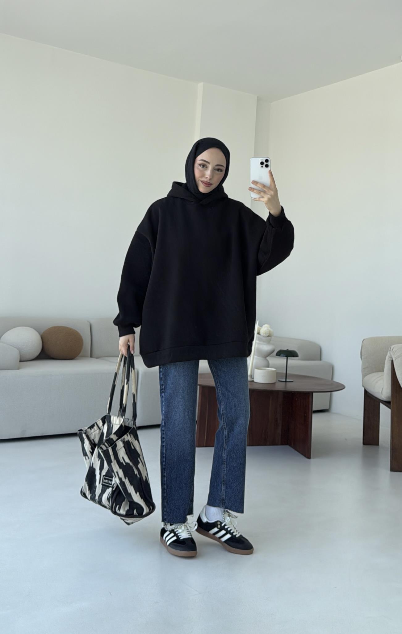 Kapüşonlu Oversize Şardonlu Sweatshirt Siyah