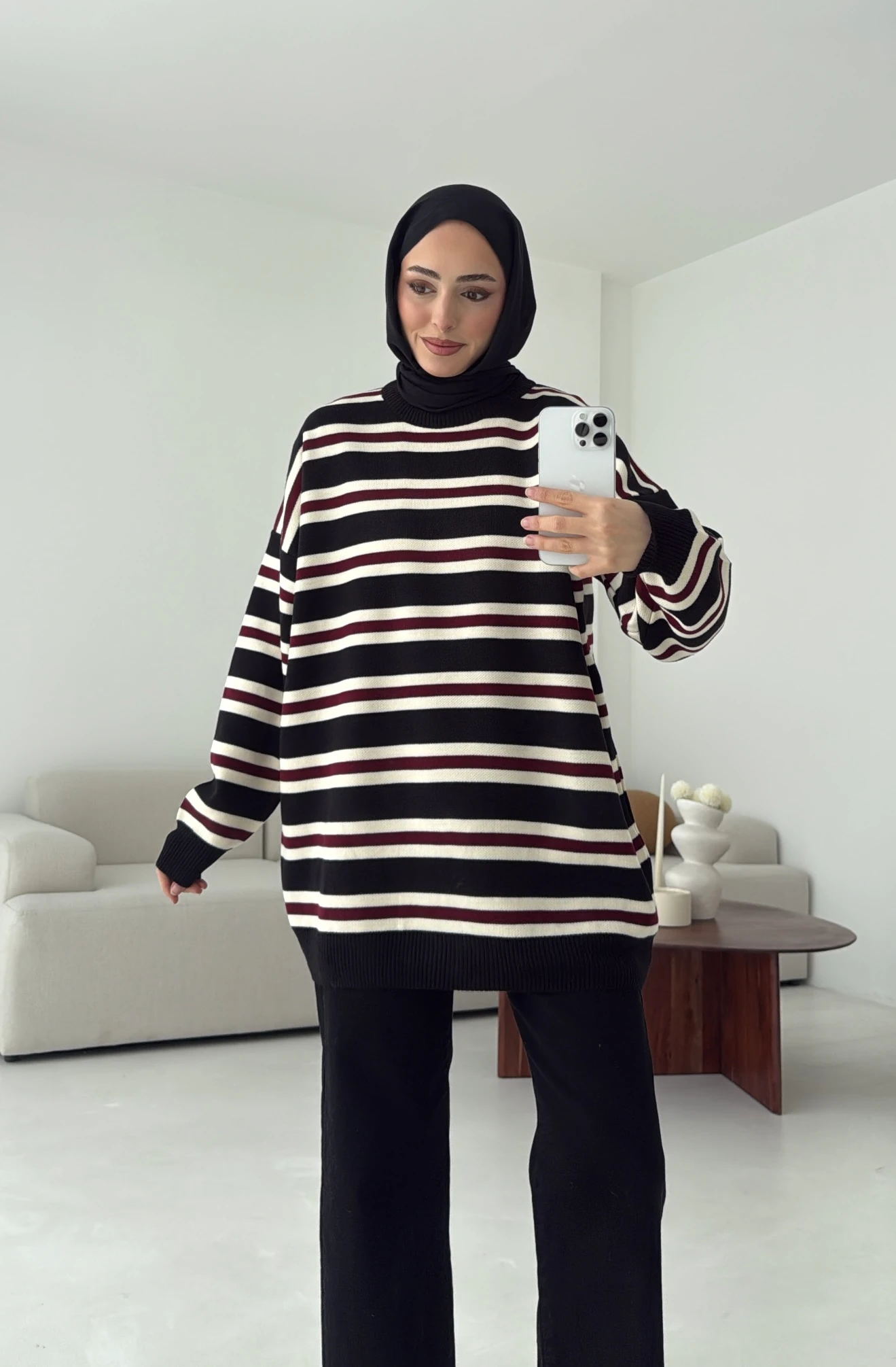 Bisiklet Yaka Çizgili Uzun Triko Kazak Siyah