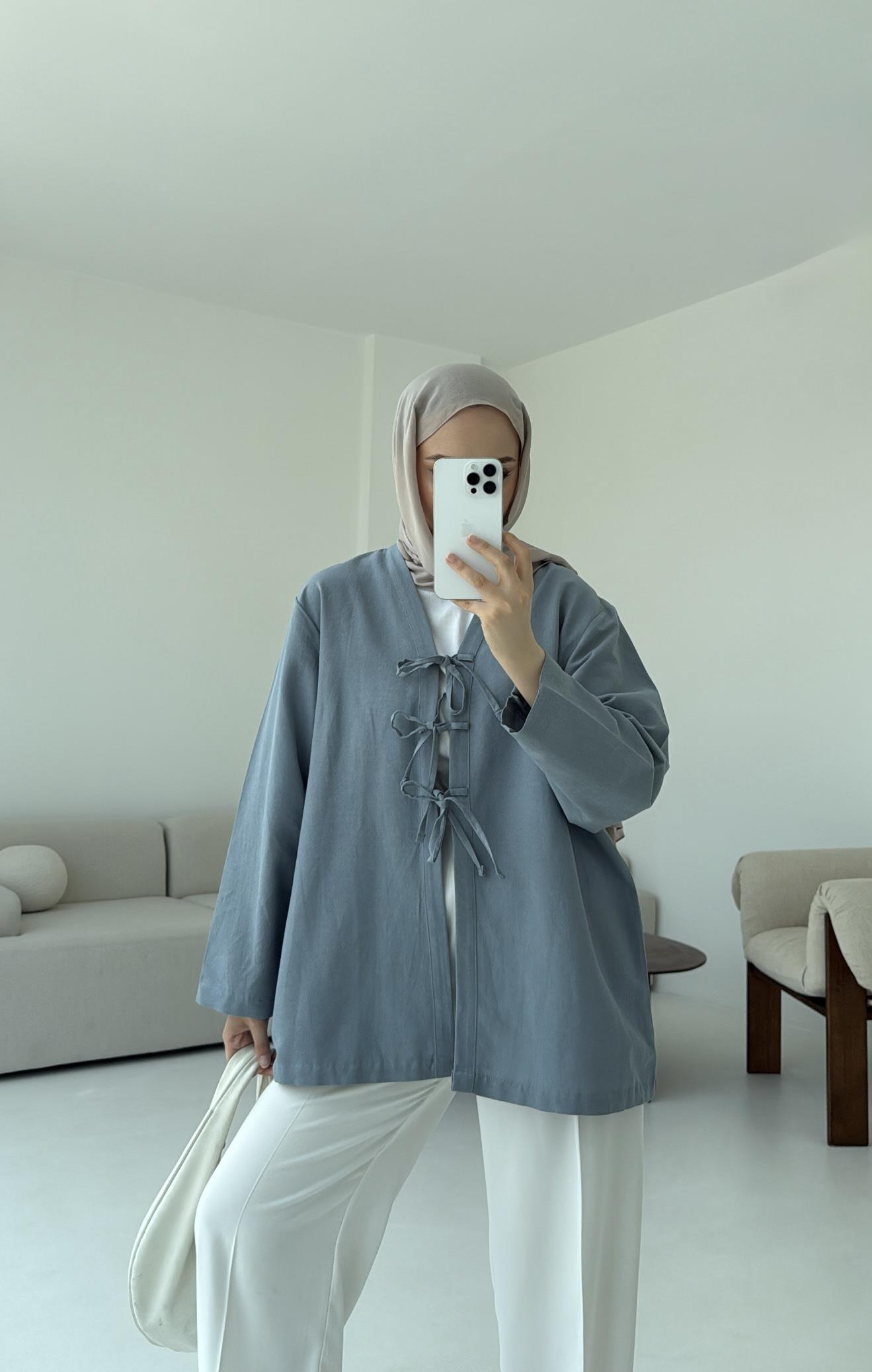 Keten Üç Bağlamalı Kimono Mavi