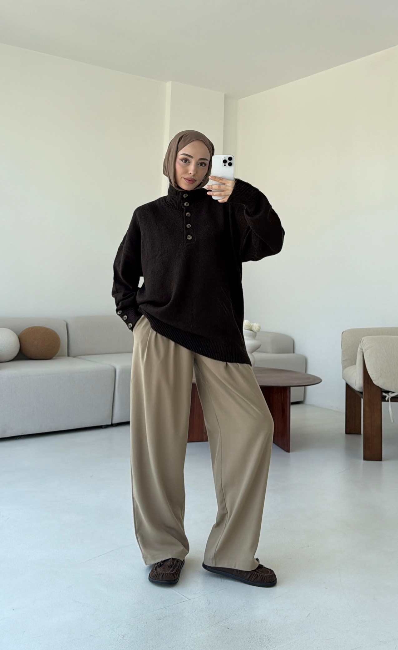 Kolları Düğme Detay Triko Kazak Acı Kahve