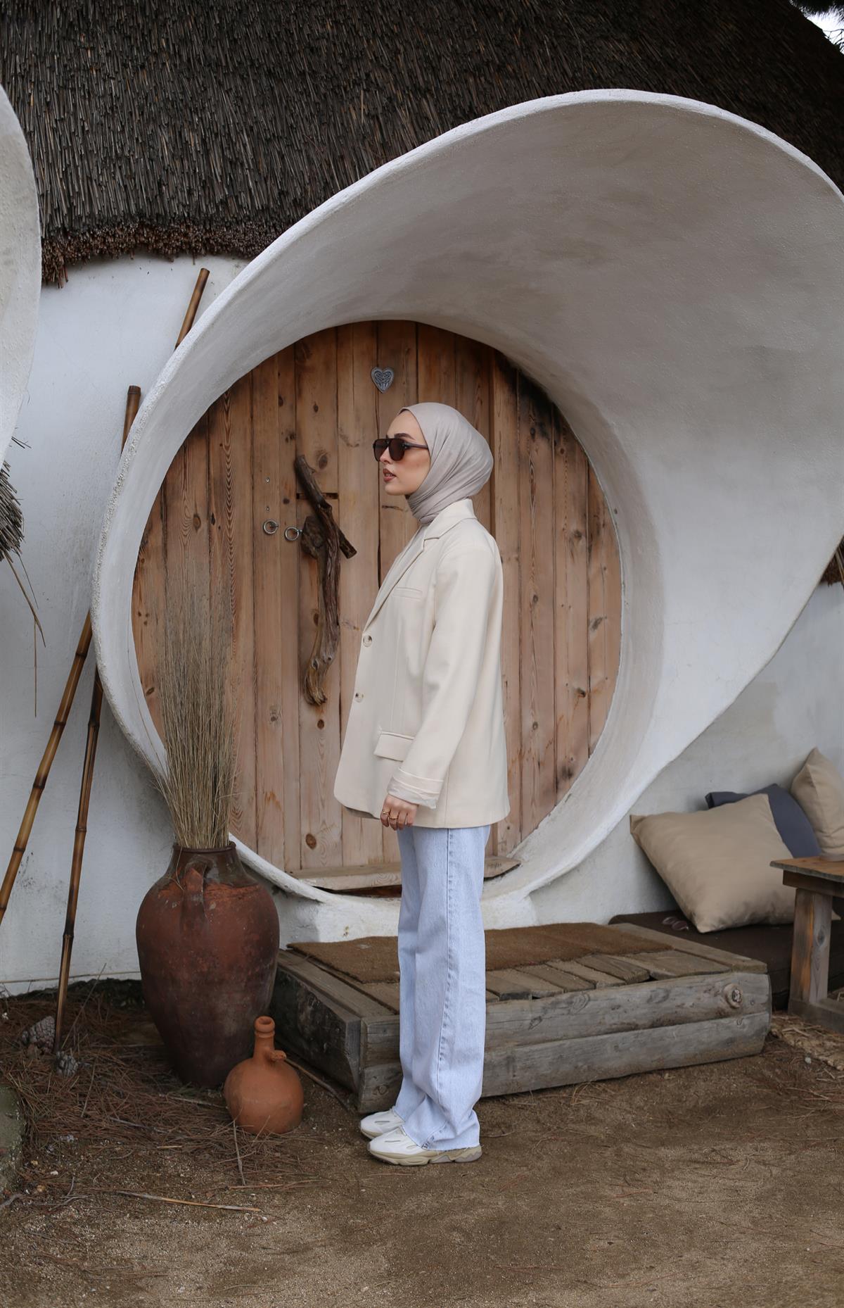 Oversize Kesim Blazer Ceket Bej