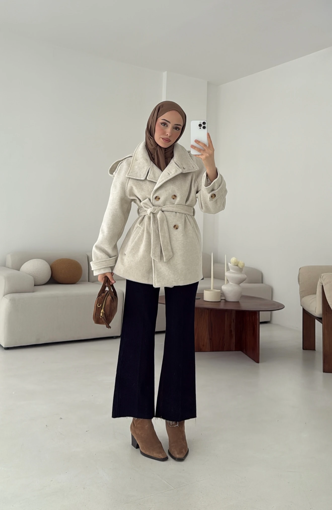 Kuşaklı Oversize Kaşe Kaban Bej