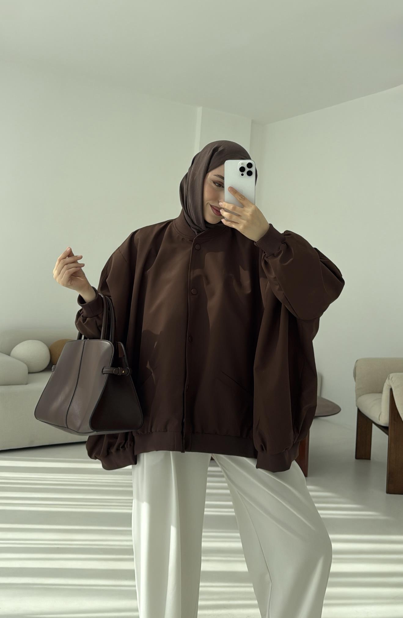 Overize Asimetrik Kesim Bomber Ceket Kahve