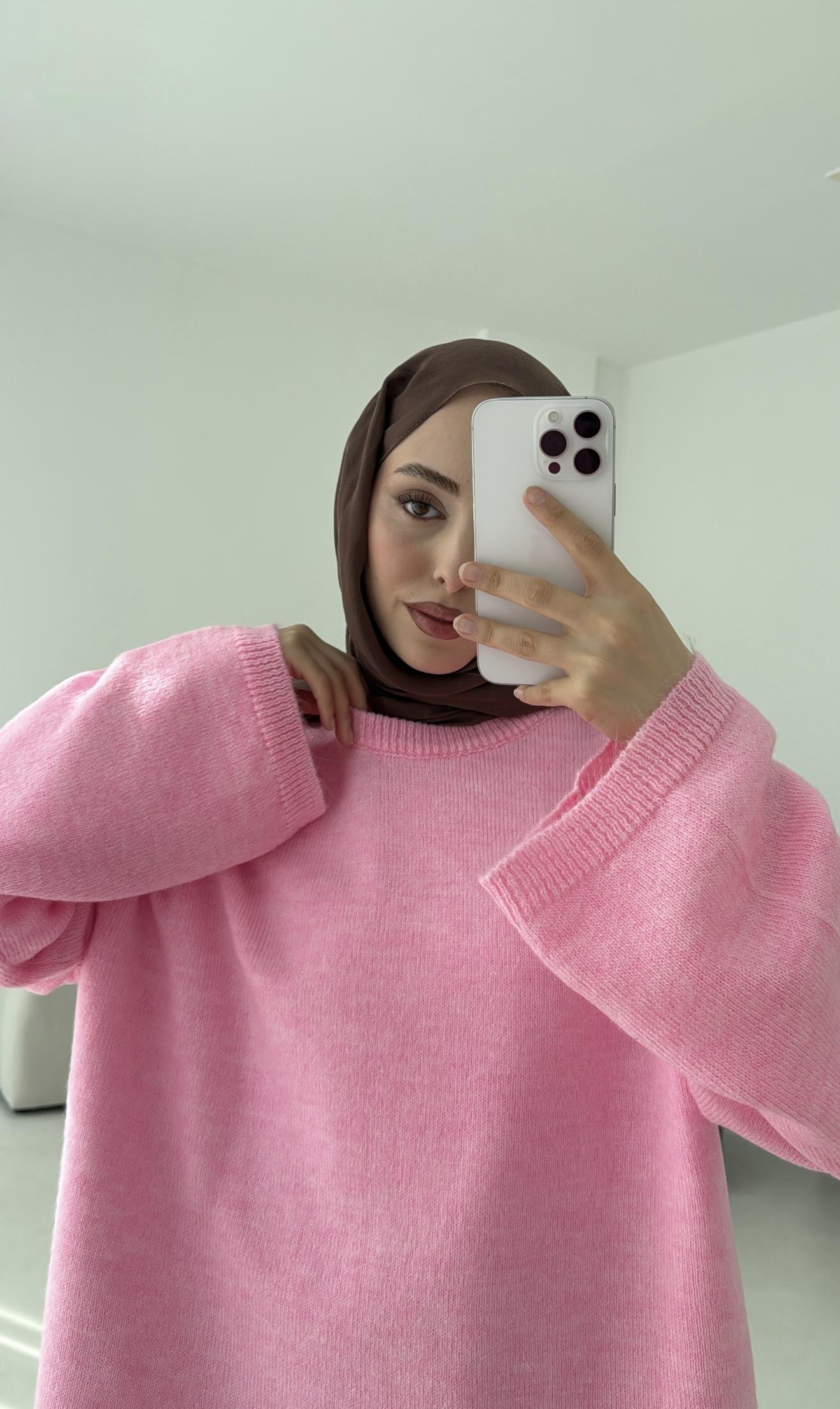Geniş Kol Basıc Kazak Pembe