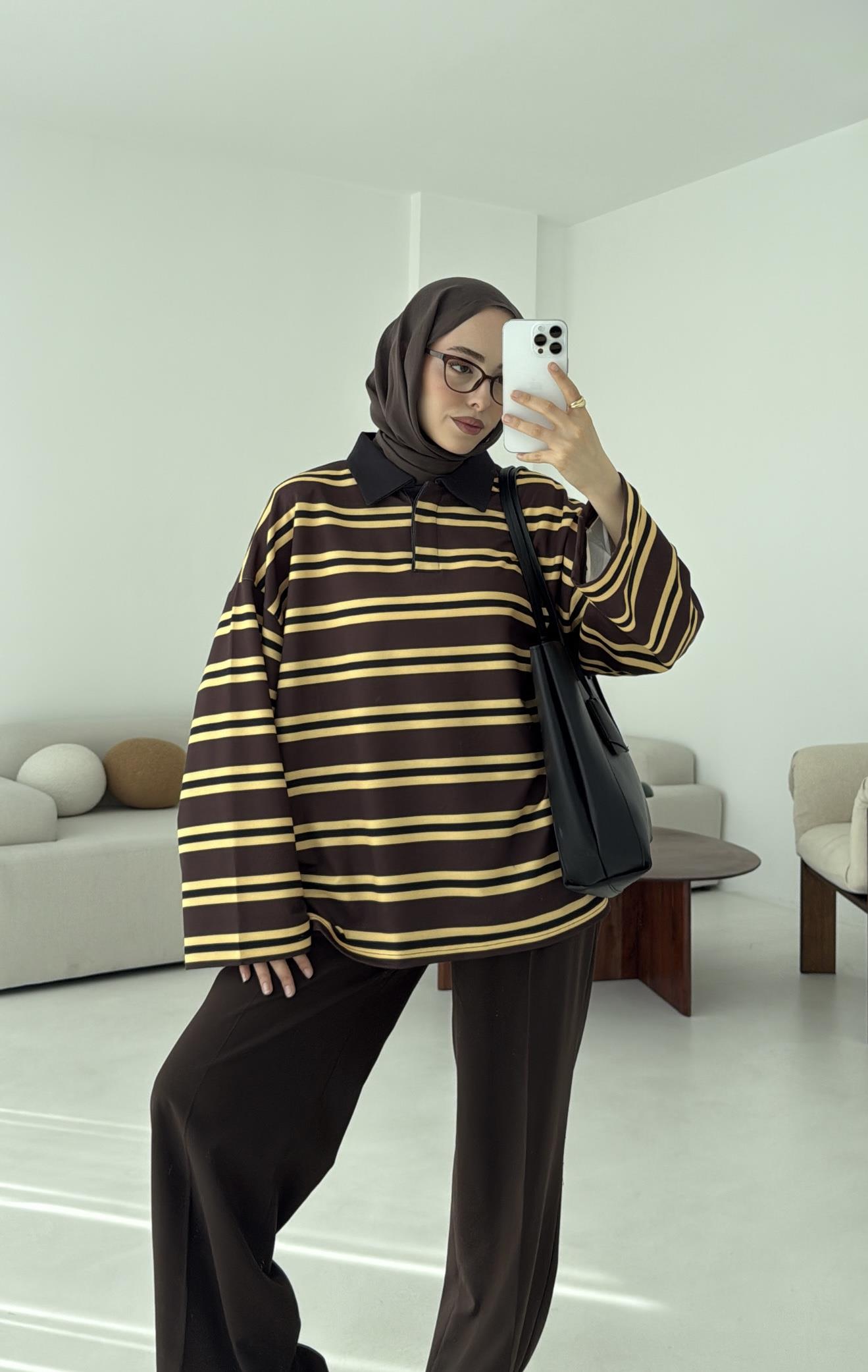 Sarı Çizgili Polo Yaka Sweatshrt
