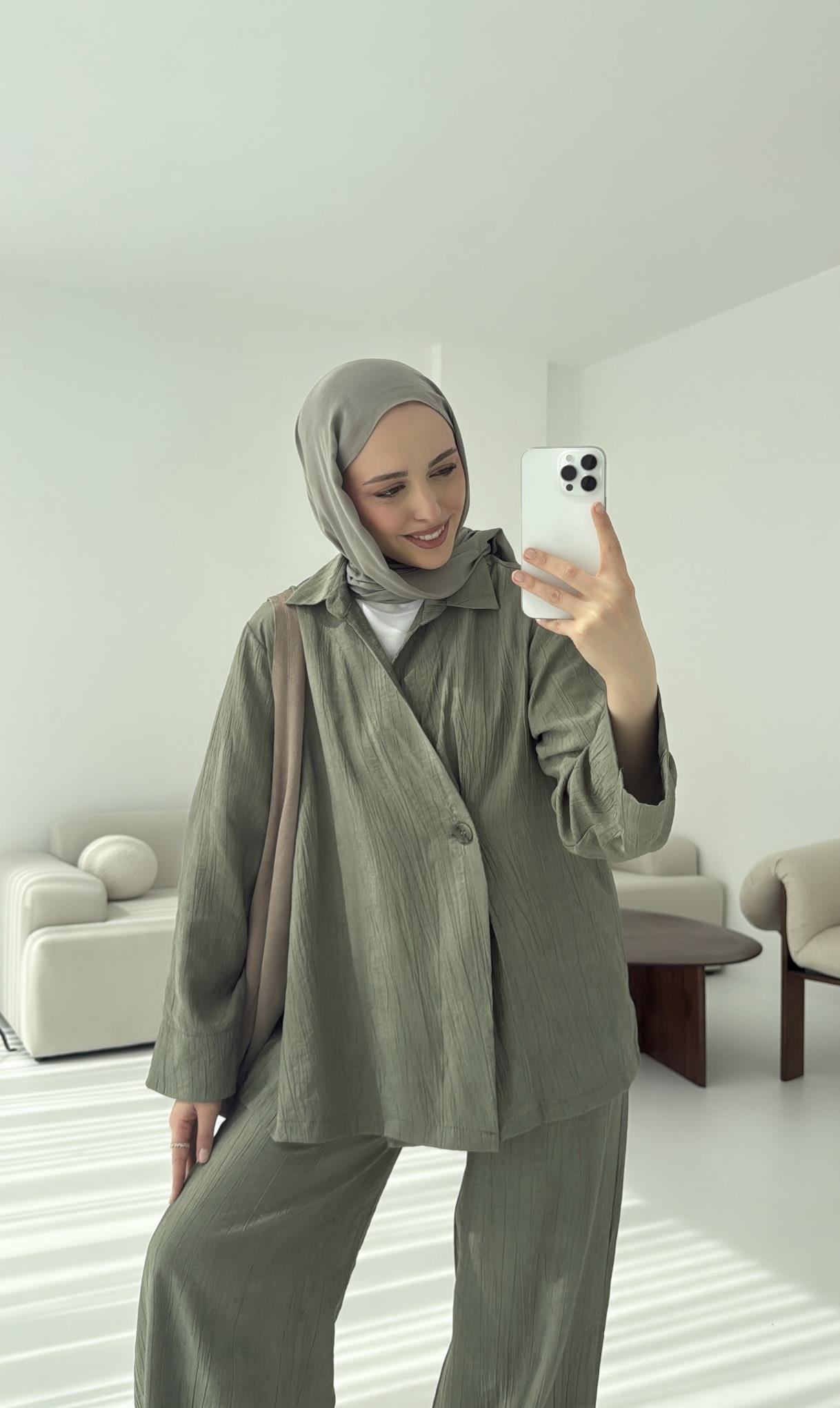 Düğme Detay Yazlık Takım Haki