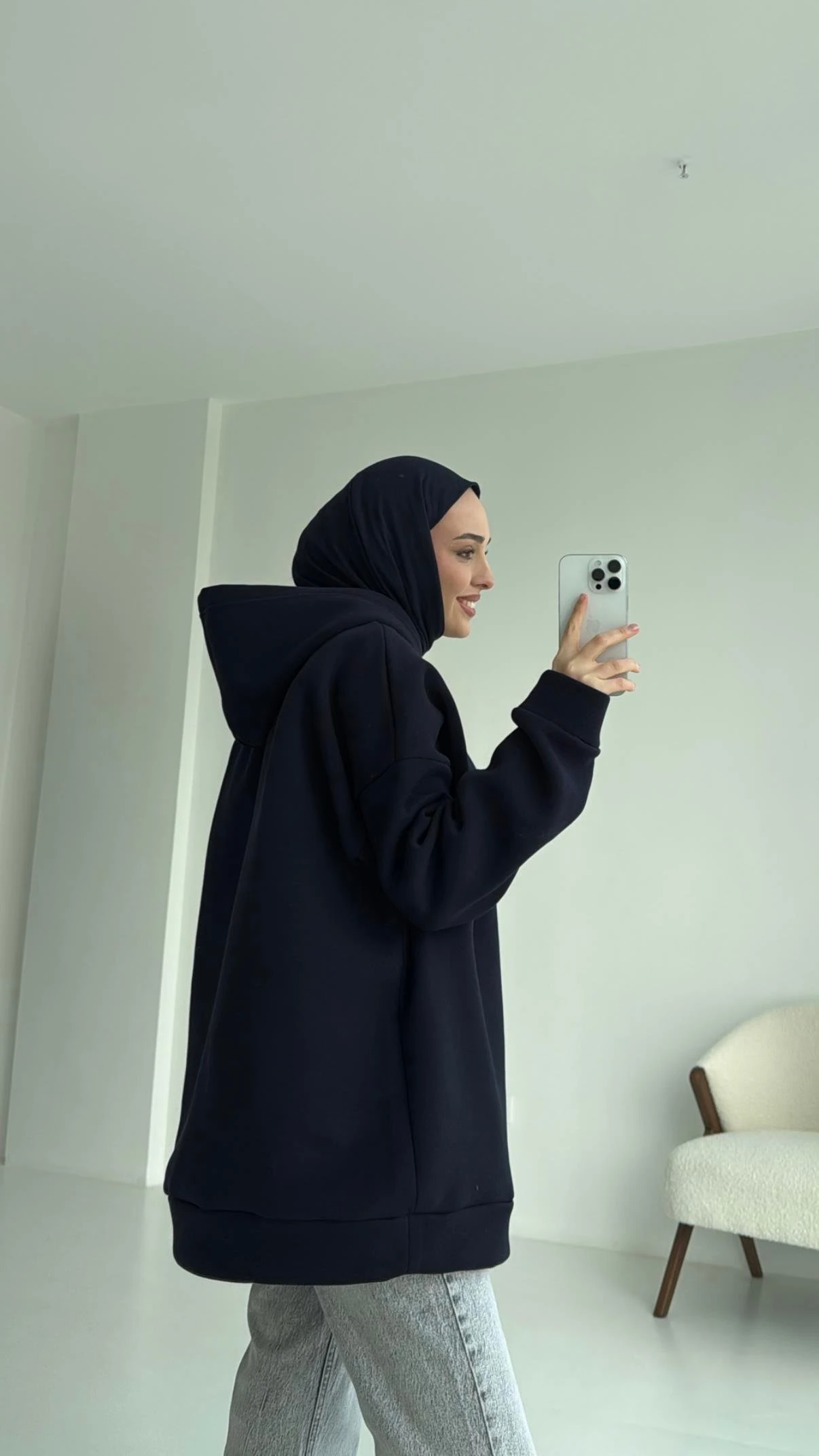 Şardonlu Oversize Lacivert Sweatshirt