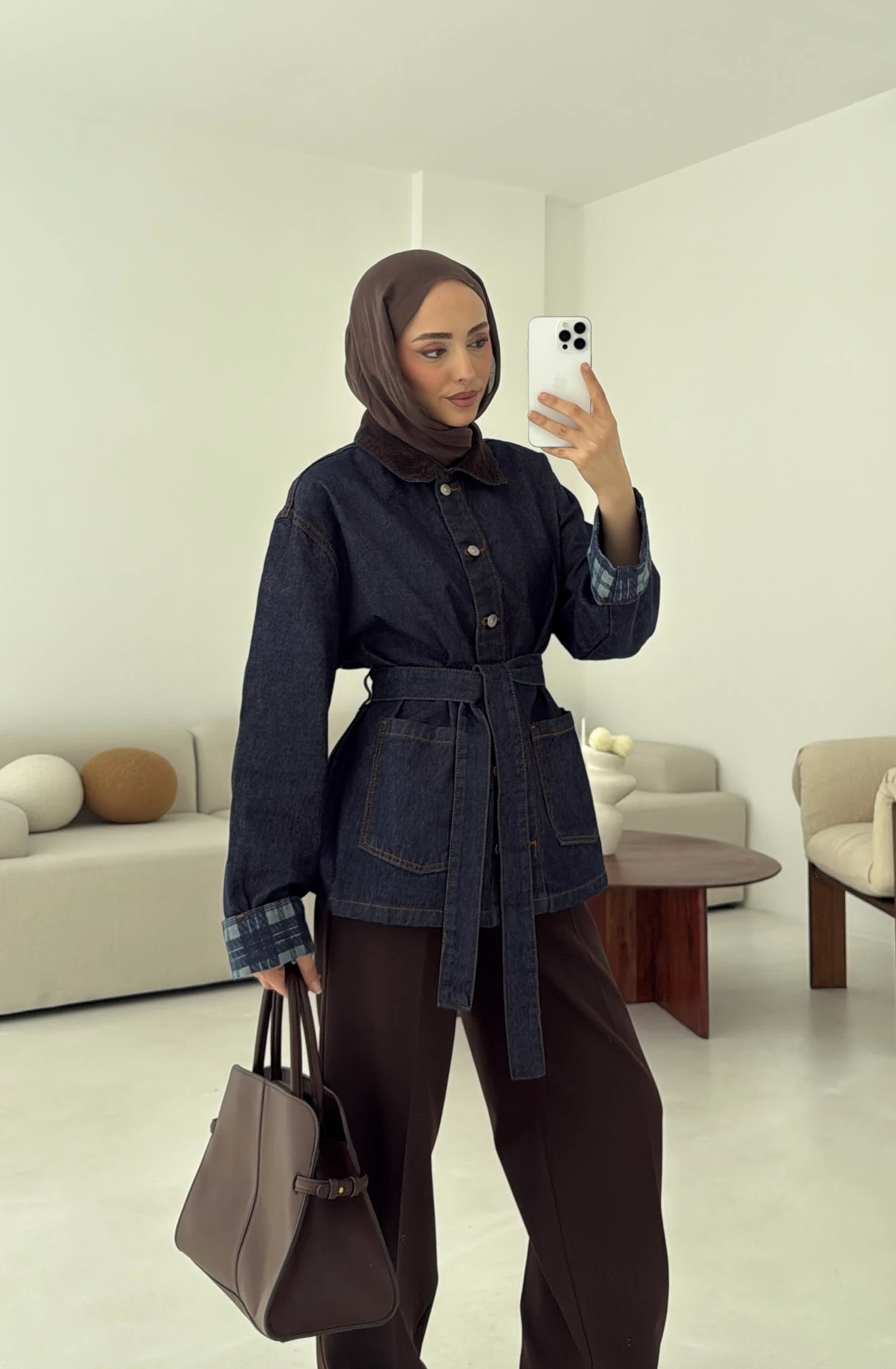 Astarı Ekose Detay Denim Ceket Mavi