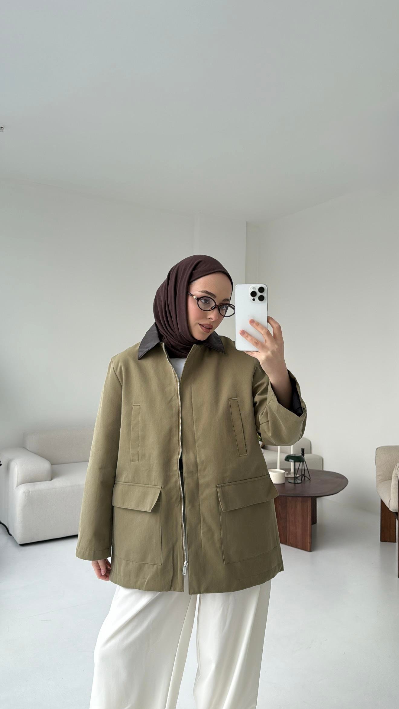 Yakası Deri İçi Kapitone Olive