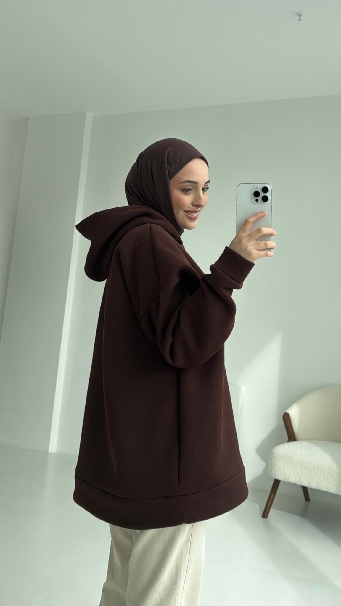 Şardonlu Oversize Kahve Sweatshirt