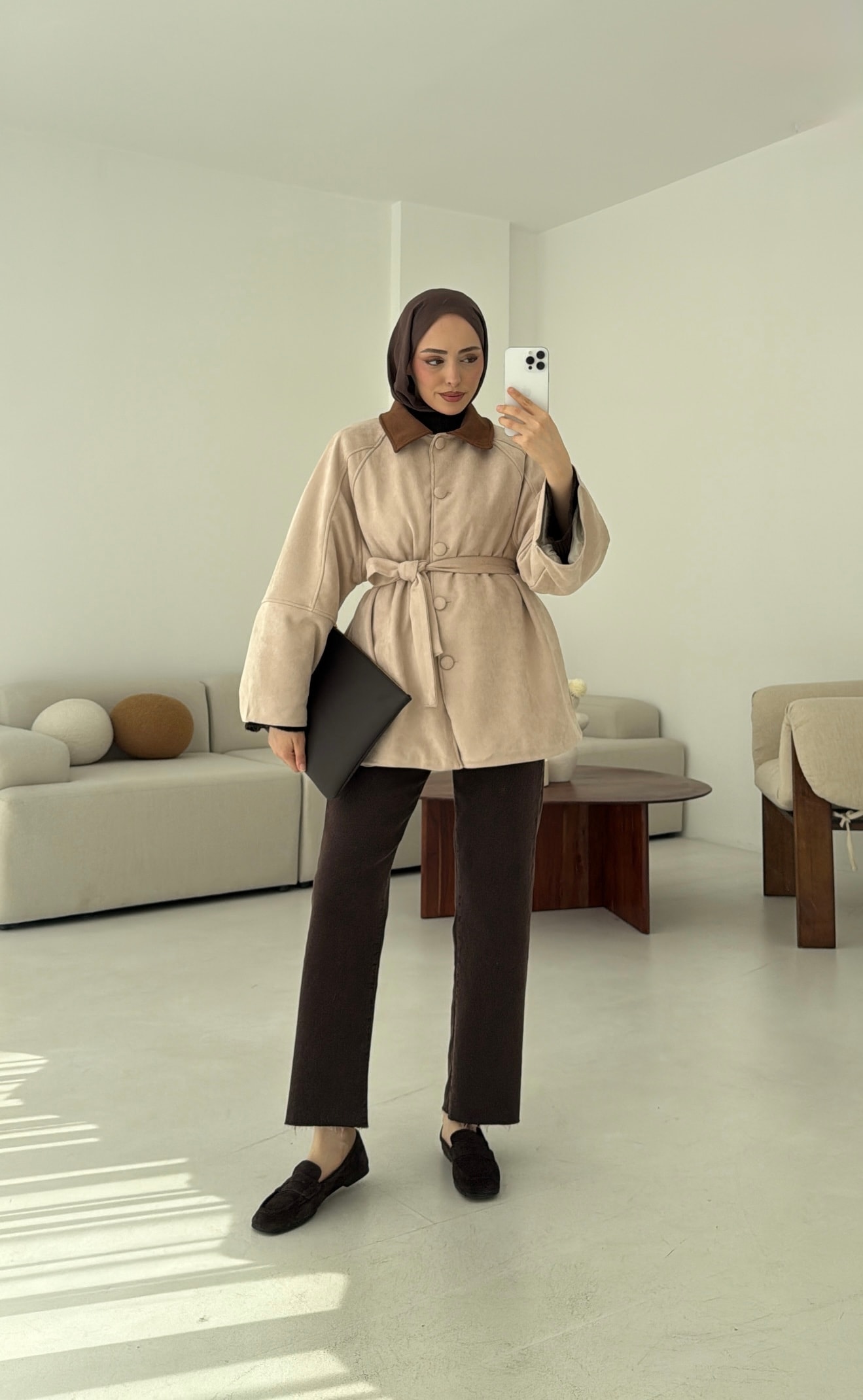 Nubuk Kontrast Yaka Ceket Bej