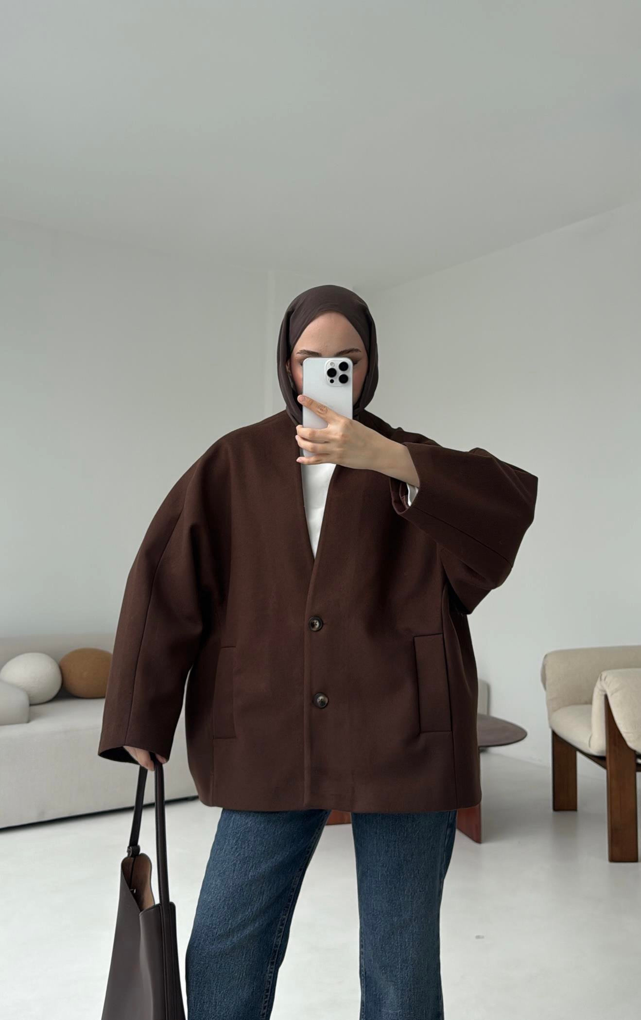 Soft Oversize Kaşe Kaban Kahve