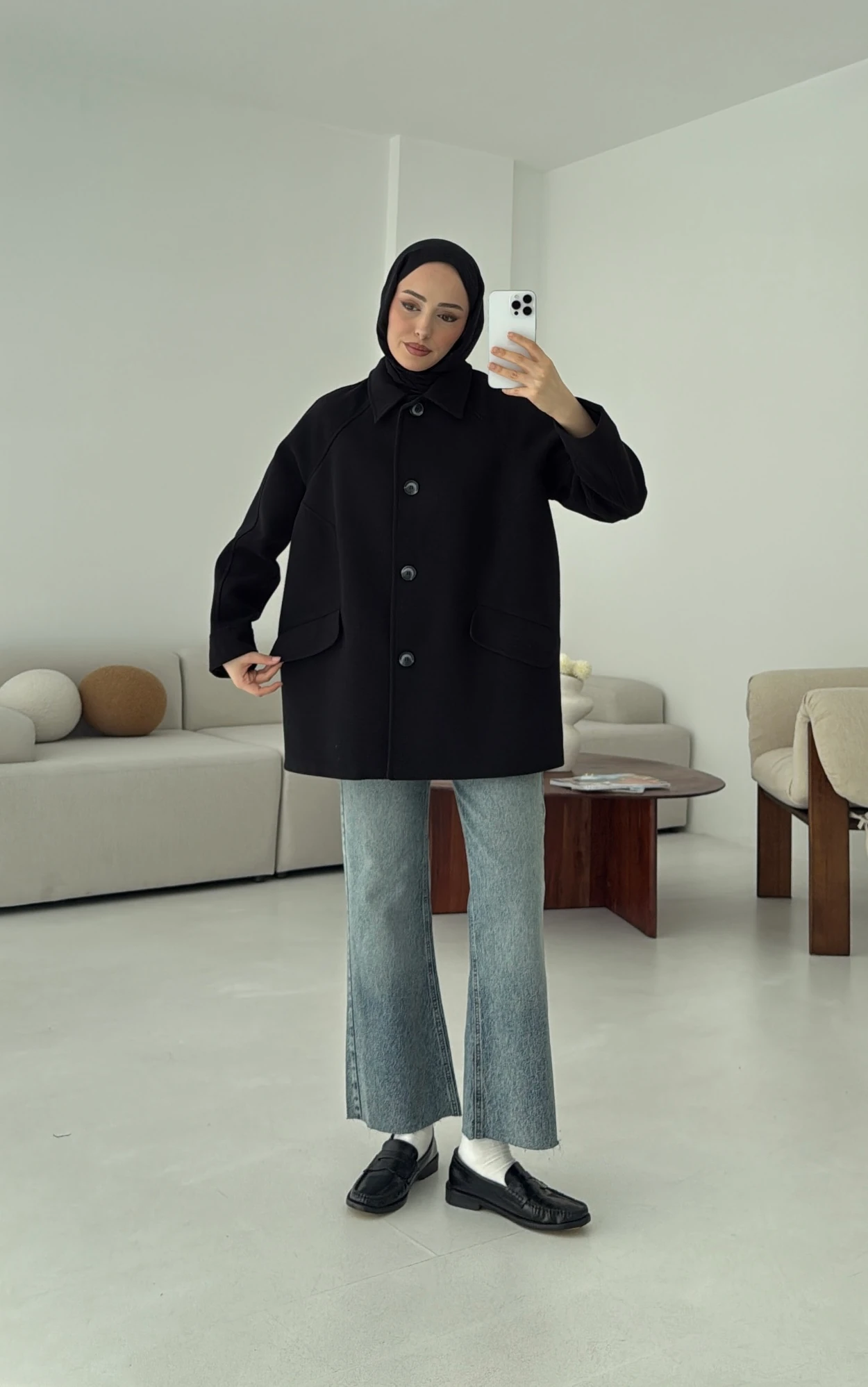 Ön Düğmeli Kaban Siyah