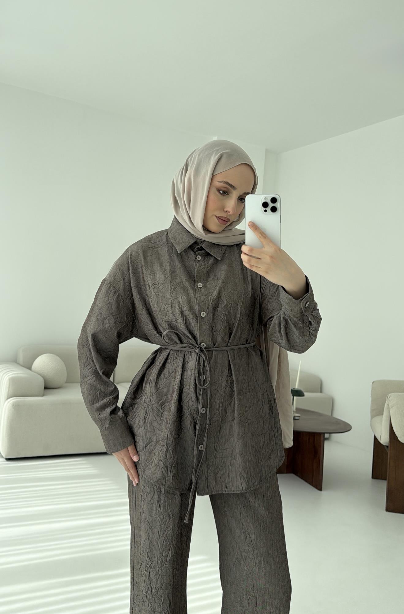 Kırışık Kumaş Takım Kahve