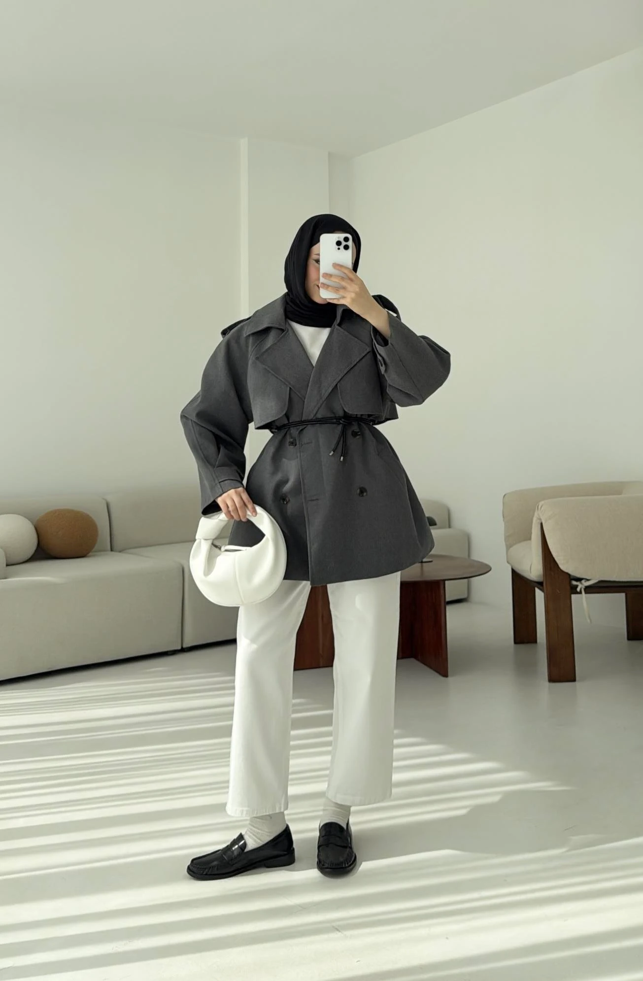 Deri Kemerli Trençkot Gri