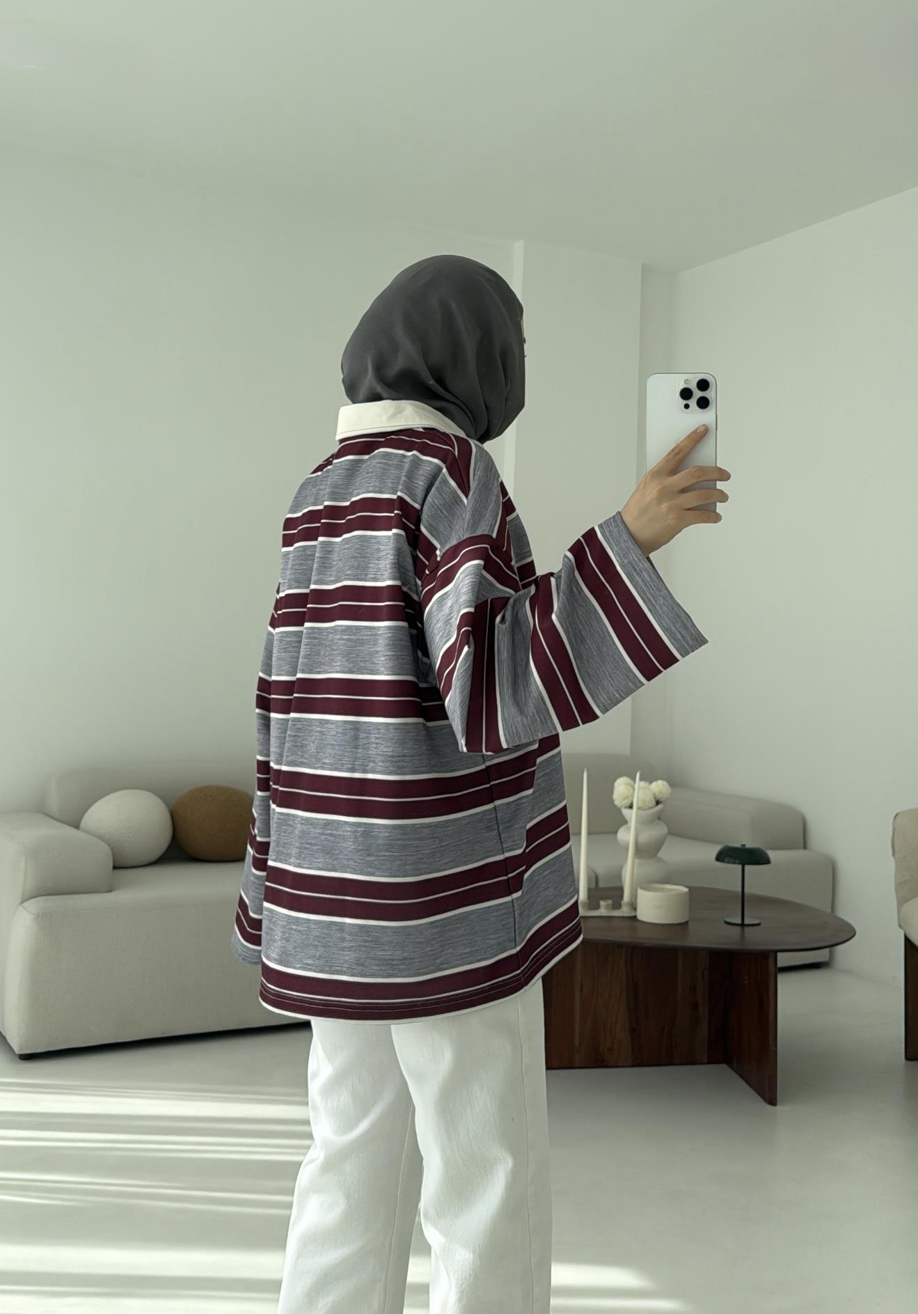 Gri Çizgili Polo Yaka Sweatshrt