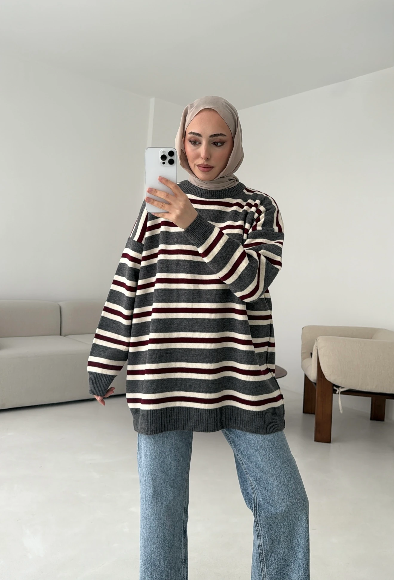 Bisiklet Yaka Çizgili Uzun Triko Kazak Siyah