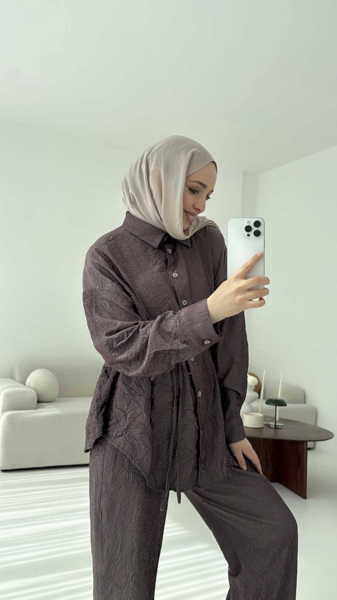 Kırışık Kumaş Takım Gül kurusu