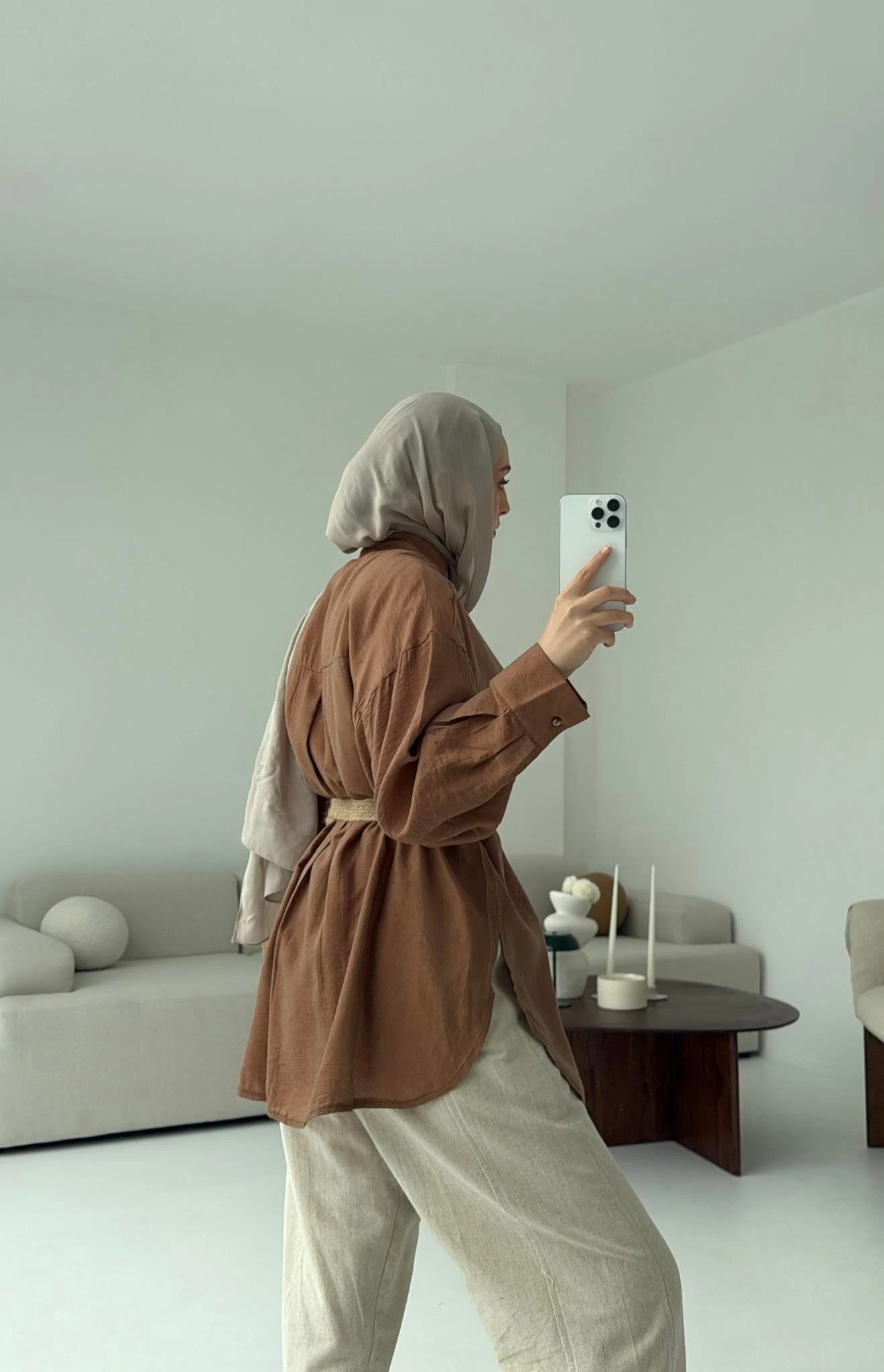 Hasır Kemerli Gömlek Kahve