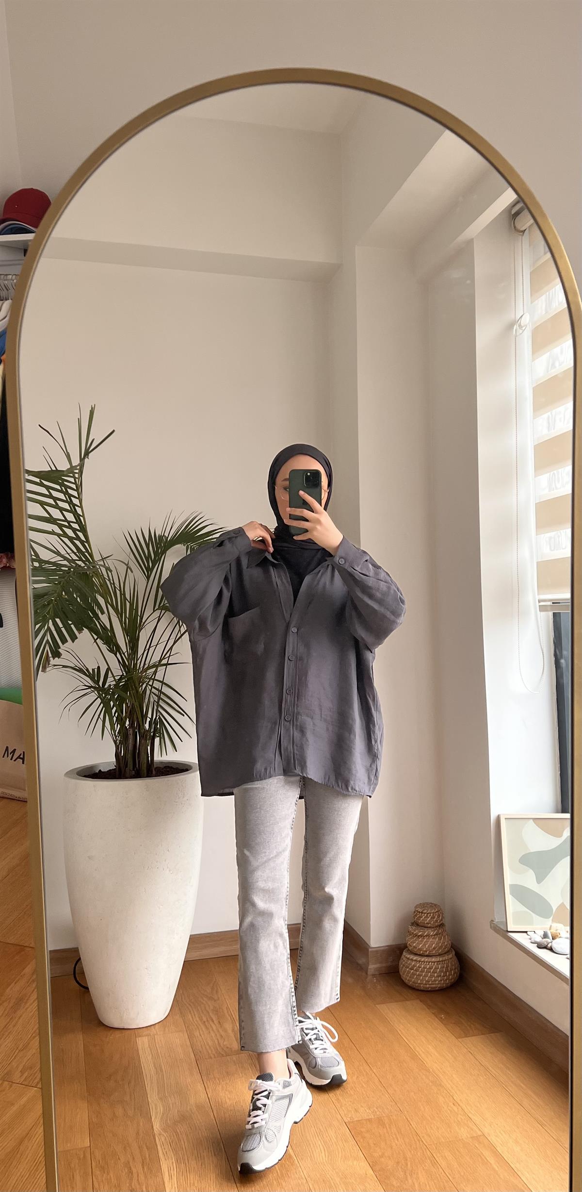 Oversize Pamuk Saten Gömlek Antrasit