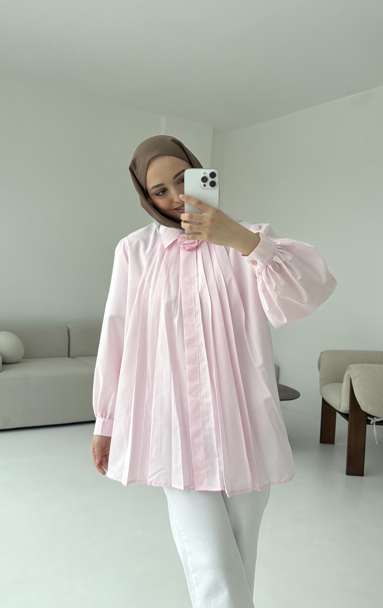 Pile Detay Gömlek Pembe