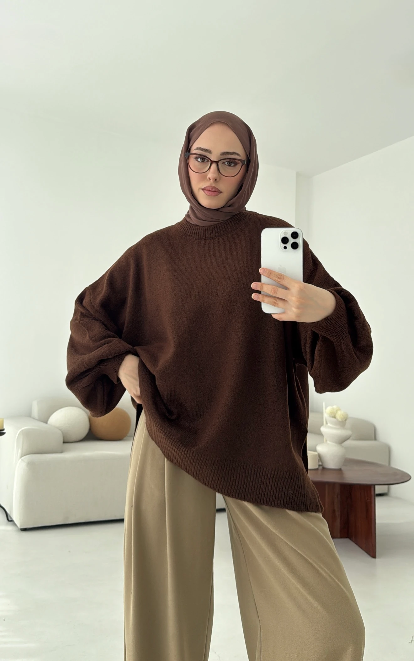 Yırtmaç Detay Balon Kol Kazak Kahve