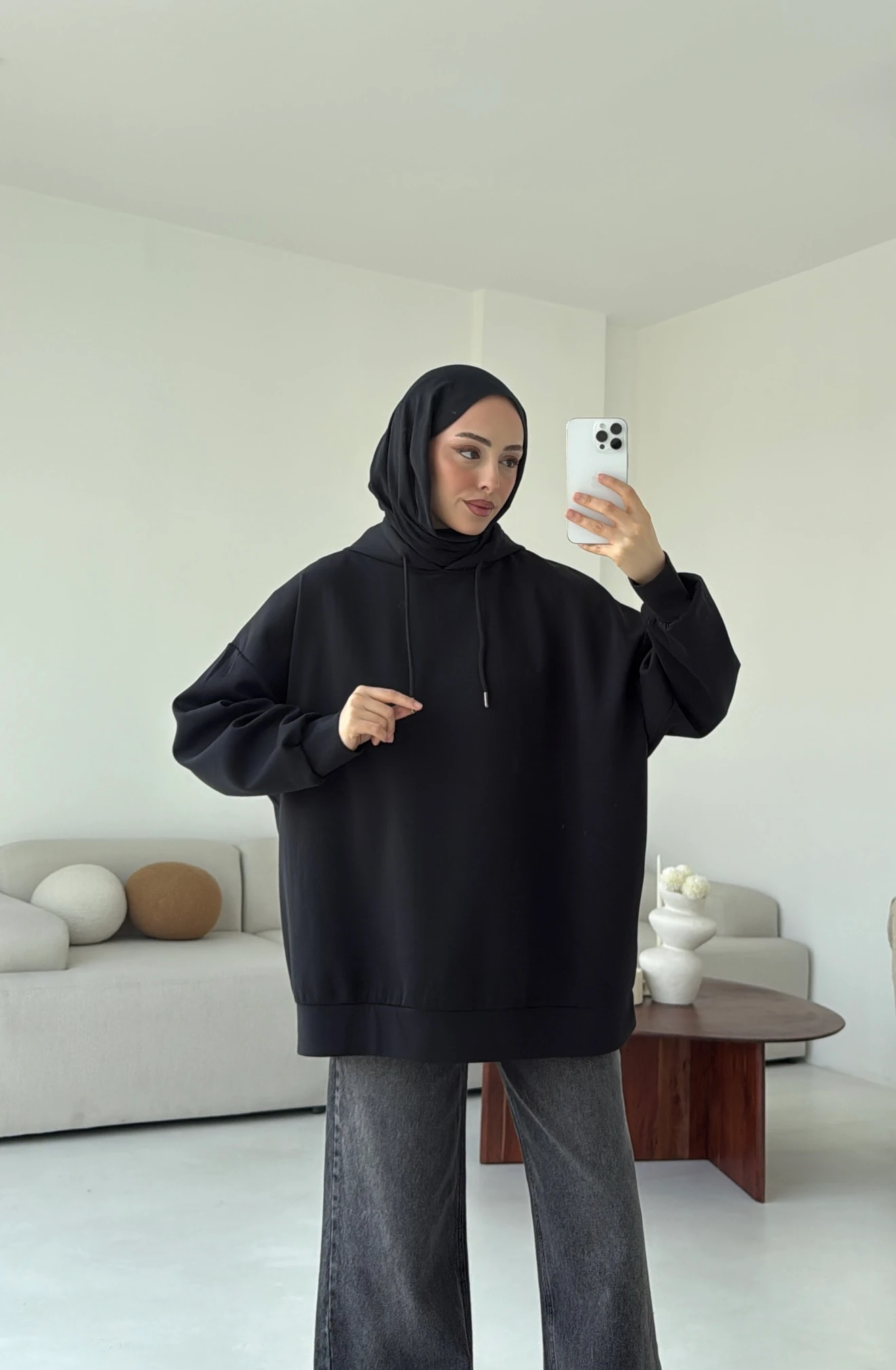 İki İplik Kapşonlu Sweat Siyah