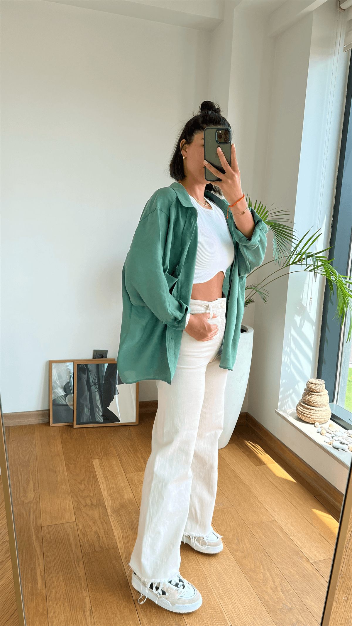 Oversize Pamuk Saten Gömlek Yeşil