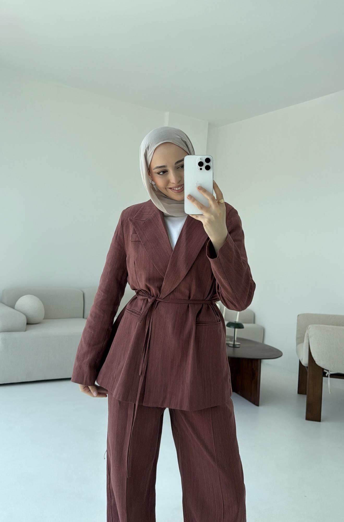 Bağlamalı Keten Ceketli Takım Kiremit