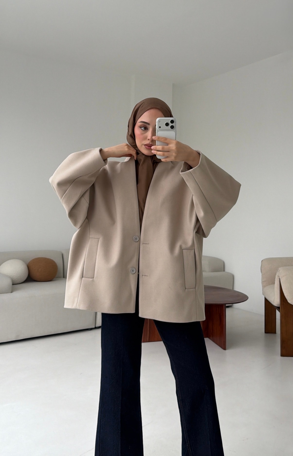 Soft Oversize Kaşe Kaban Taş