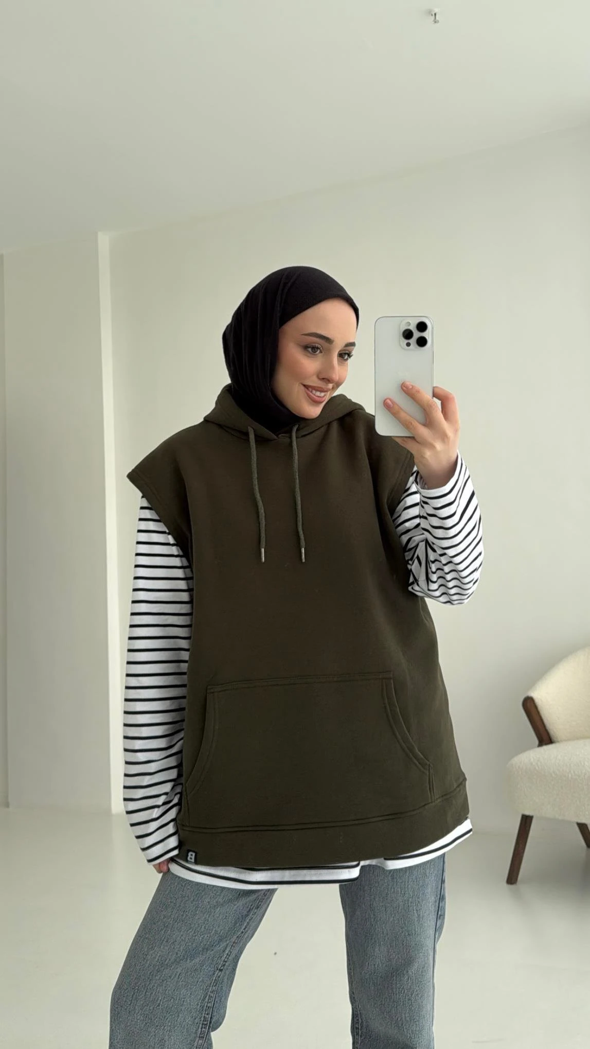 Kapüşonlu Çizgili İki Parçalı Sweat Haki