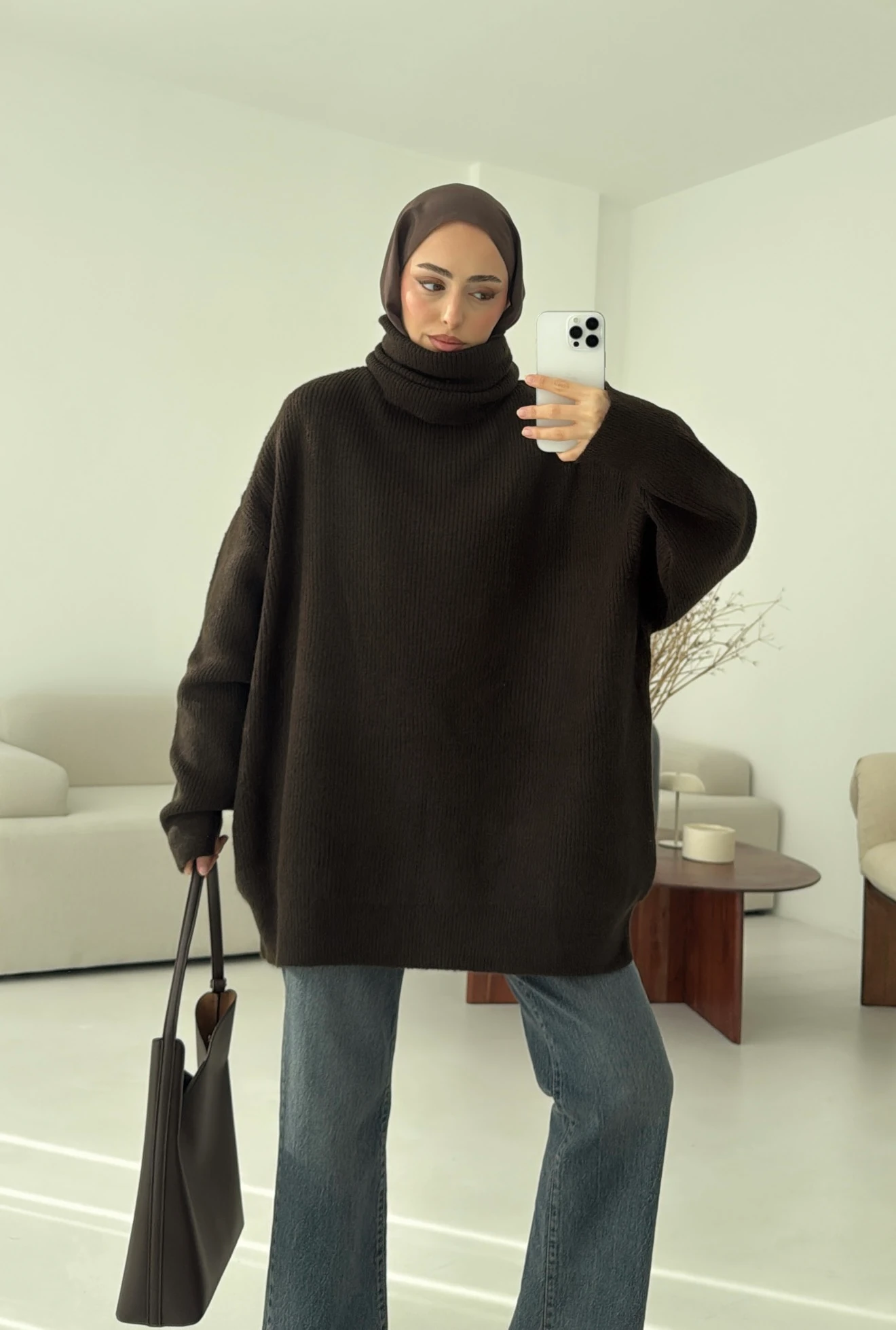 Balıkçı Yaka Oversizse Triko Kazak Kahve