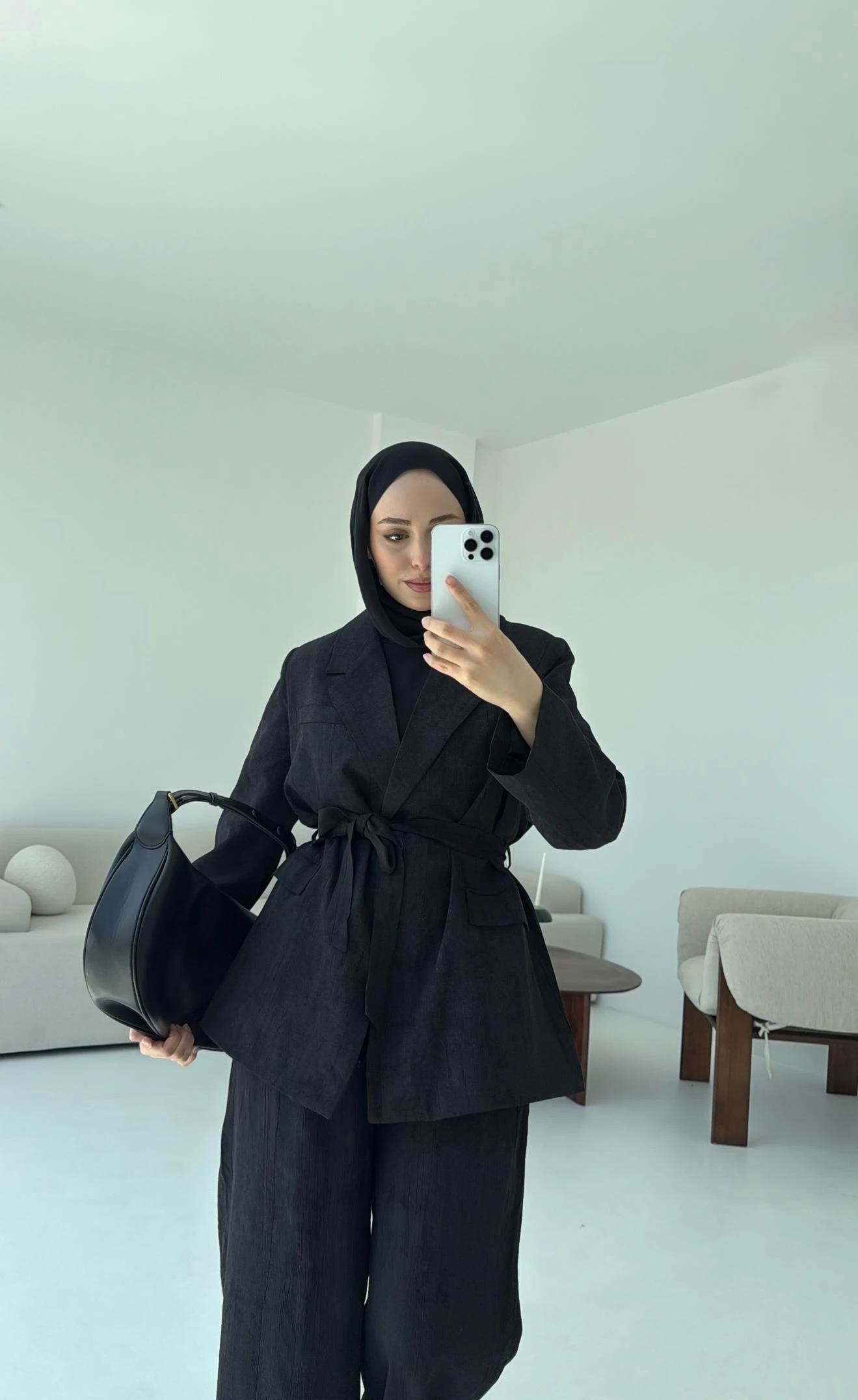 Kemerli Ceket Beli Lastikli Pantolon Takım Siyah