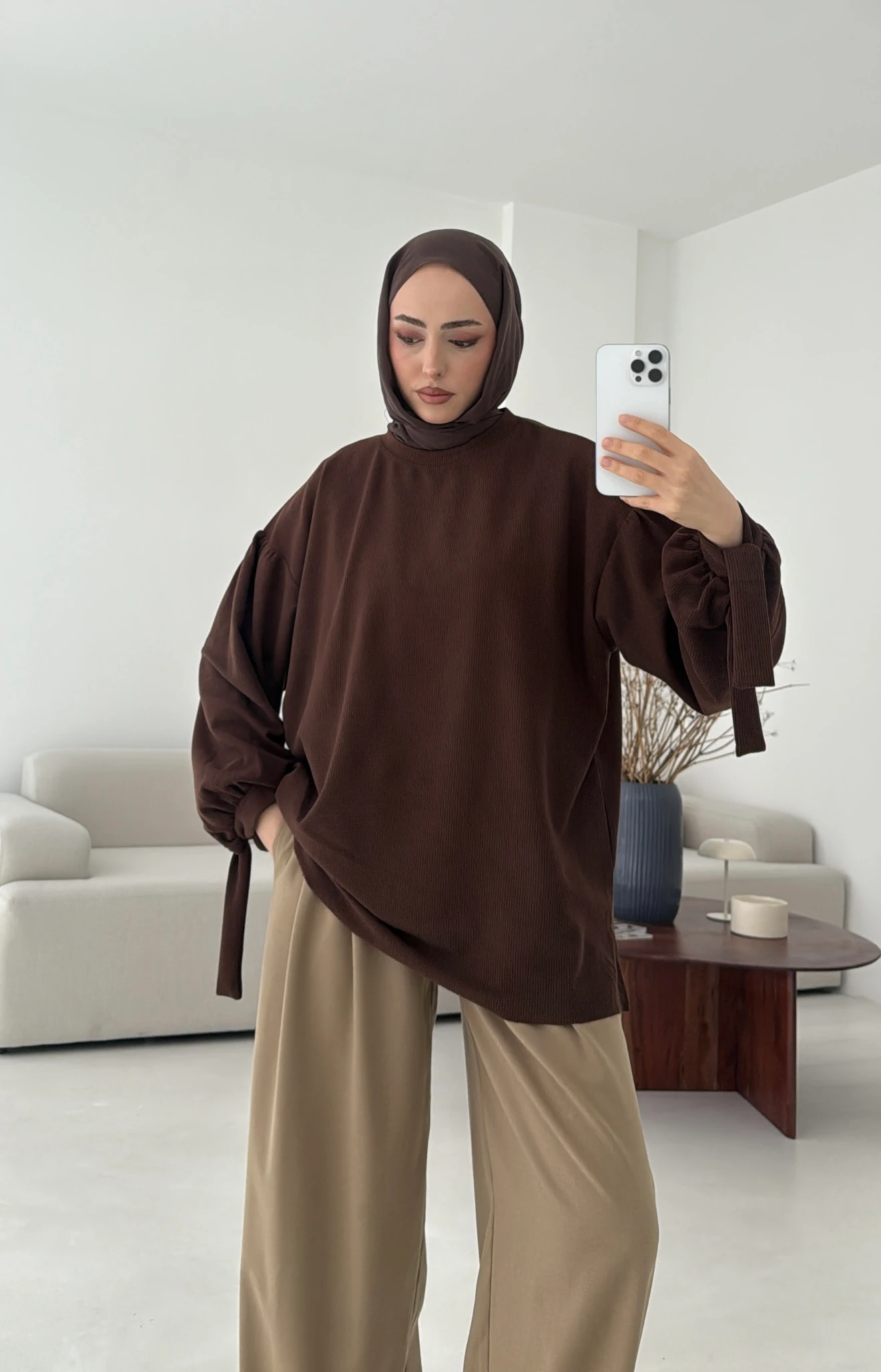 Selanik Balon Kol Bagcıklı Sweat Kahve 