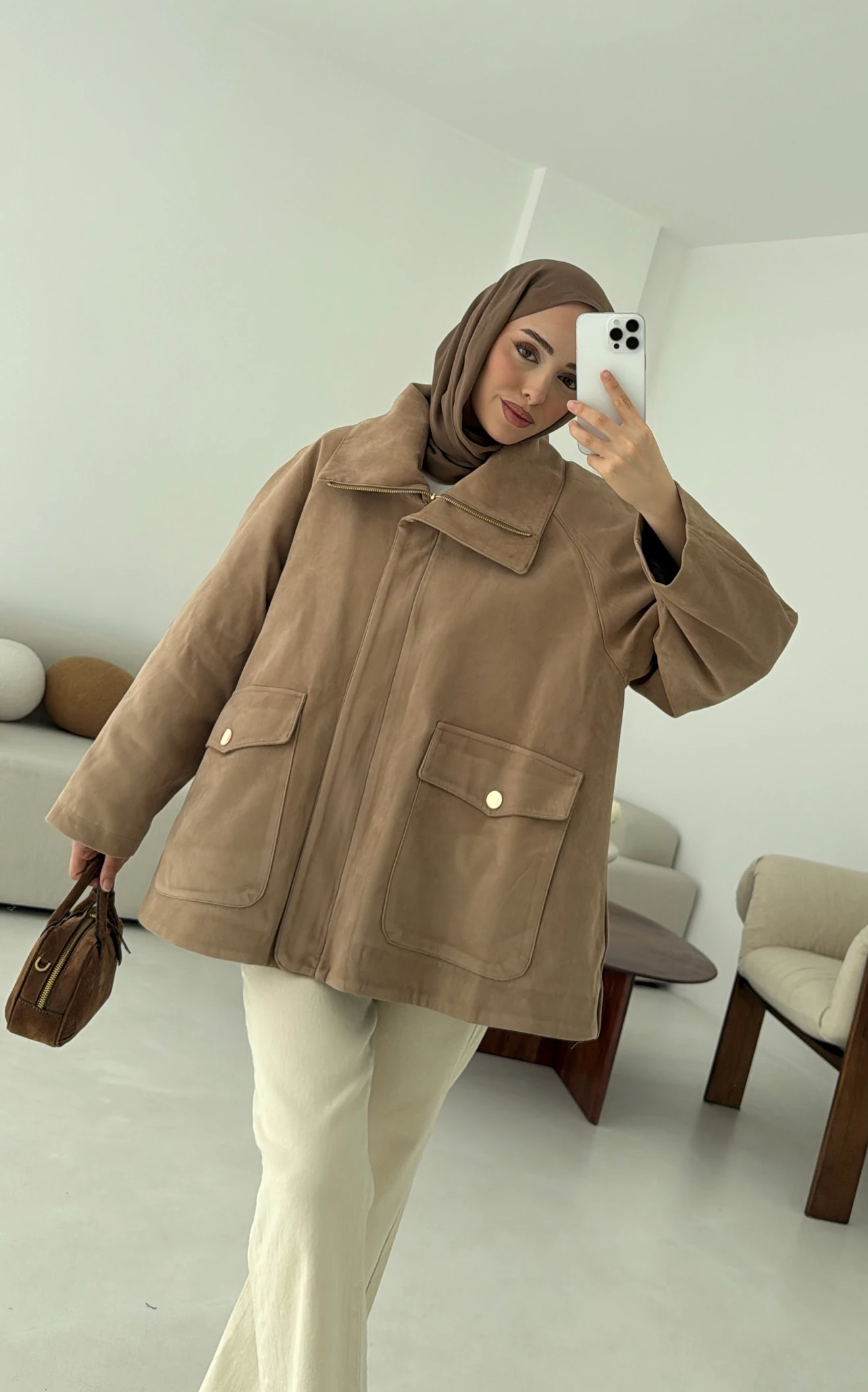 Oversize Dolgulu Süet Ceket Bej