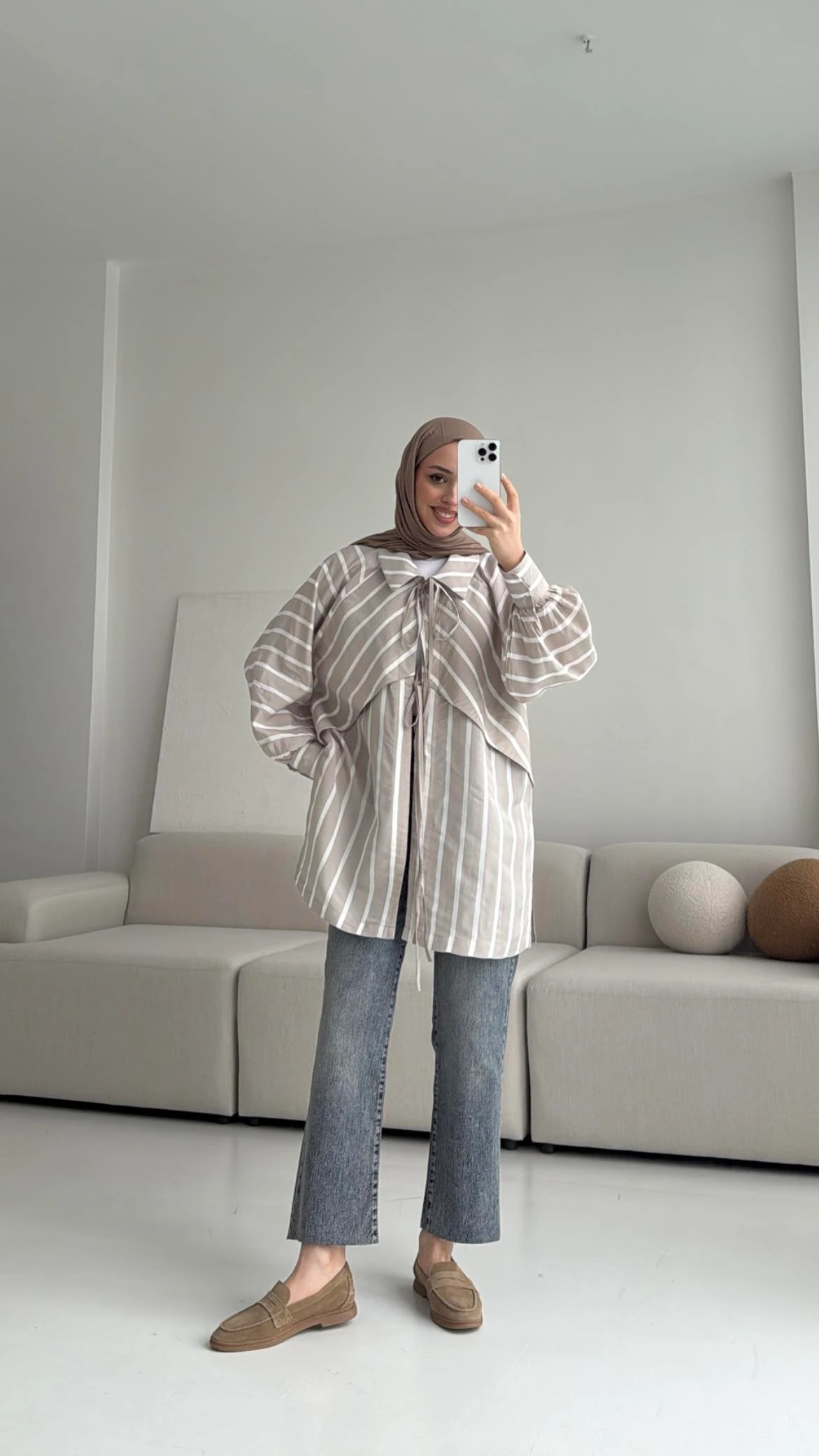 Çizgili Bağlamalı Kimono Bej