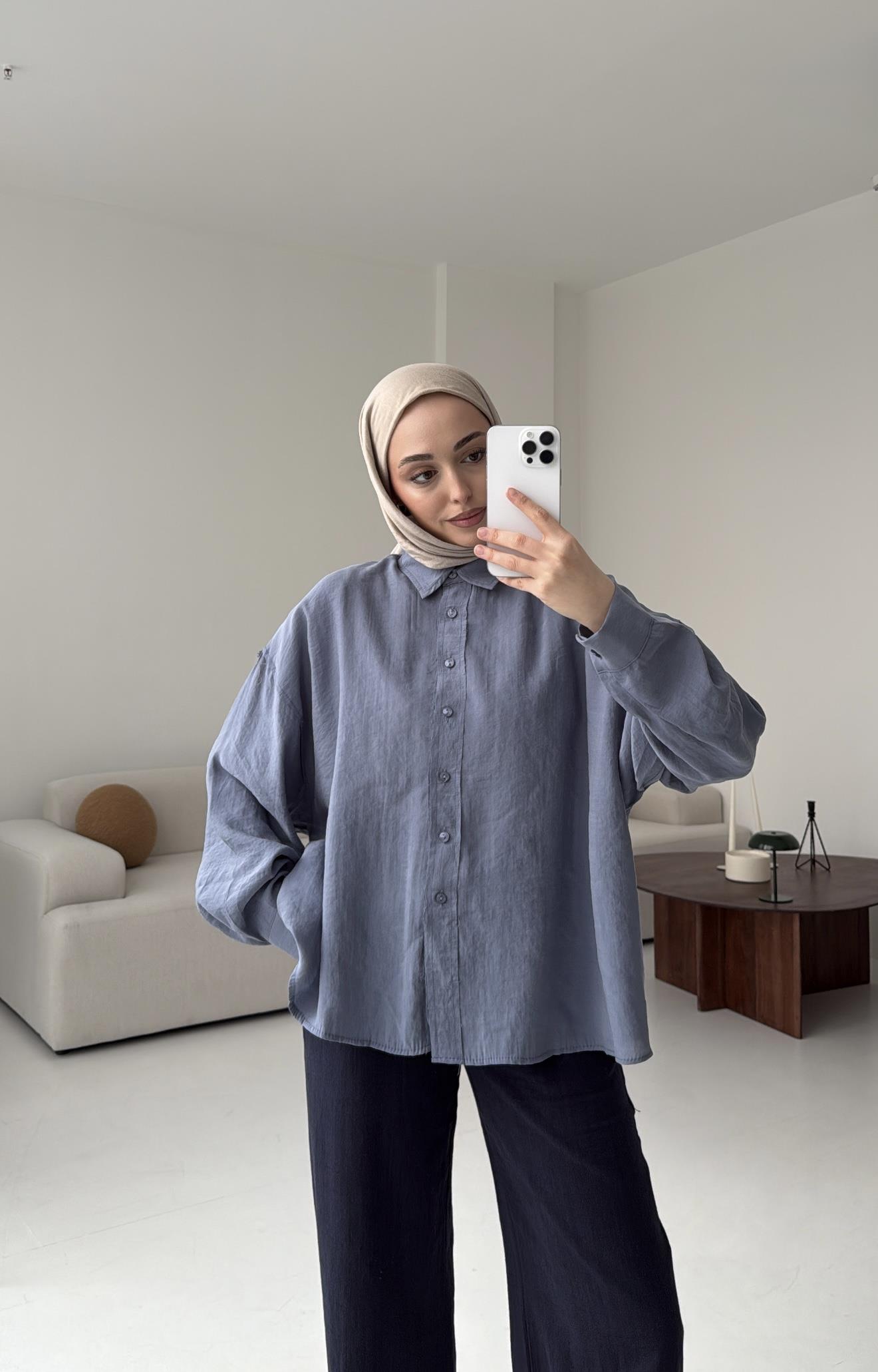Tencel Pis Dikiş Oversize Mavi Gömlek