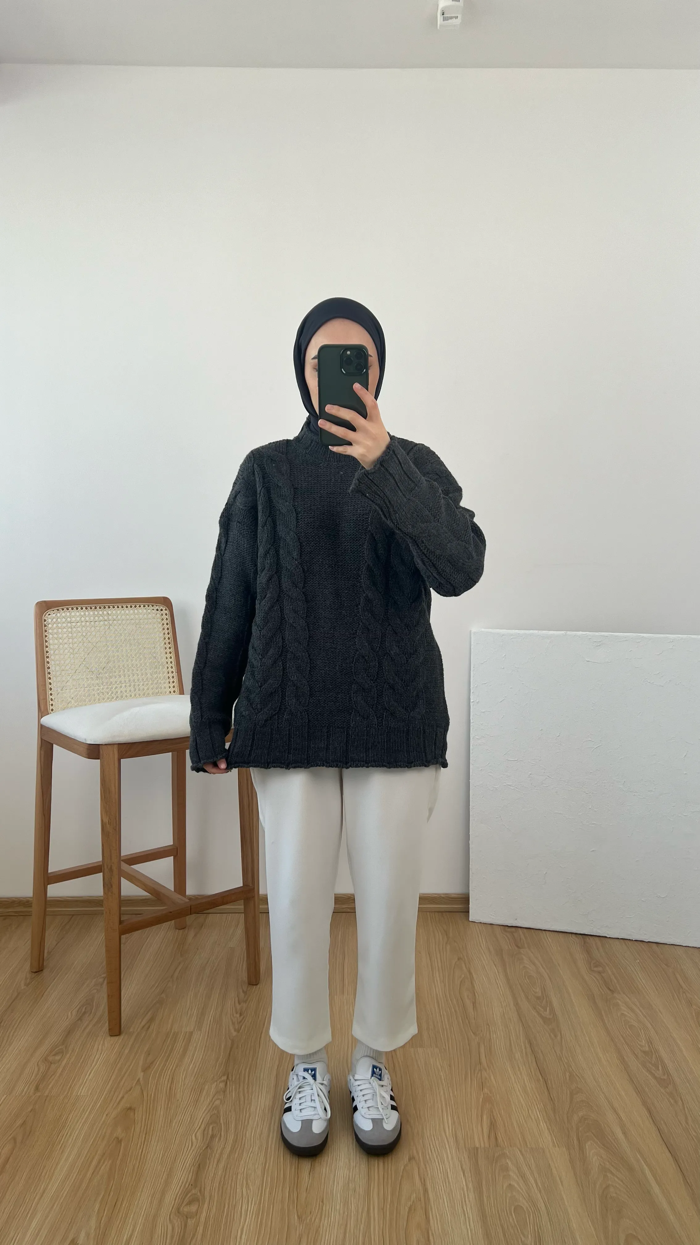 Örgü Detaylı Kalın Kazak Antrasit