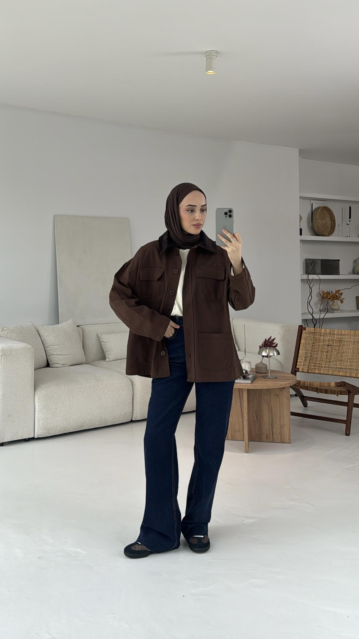 Kadife Yaka Cep Detaylı Ceket Kahve