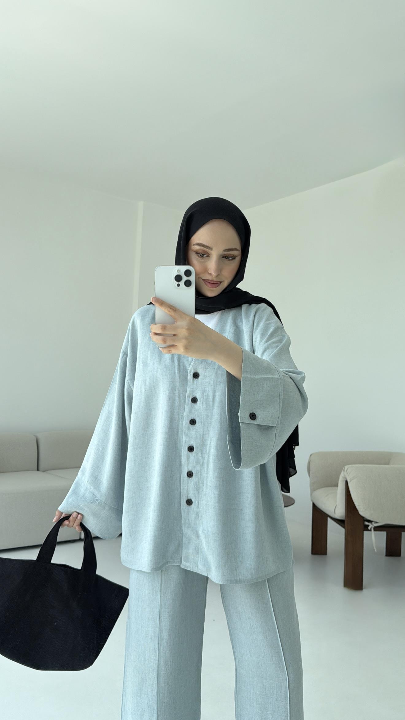 Düğmeli Kimono Takım Mavi