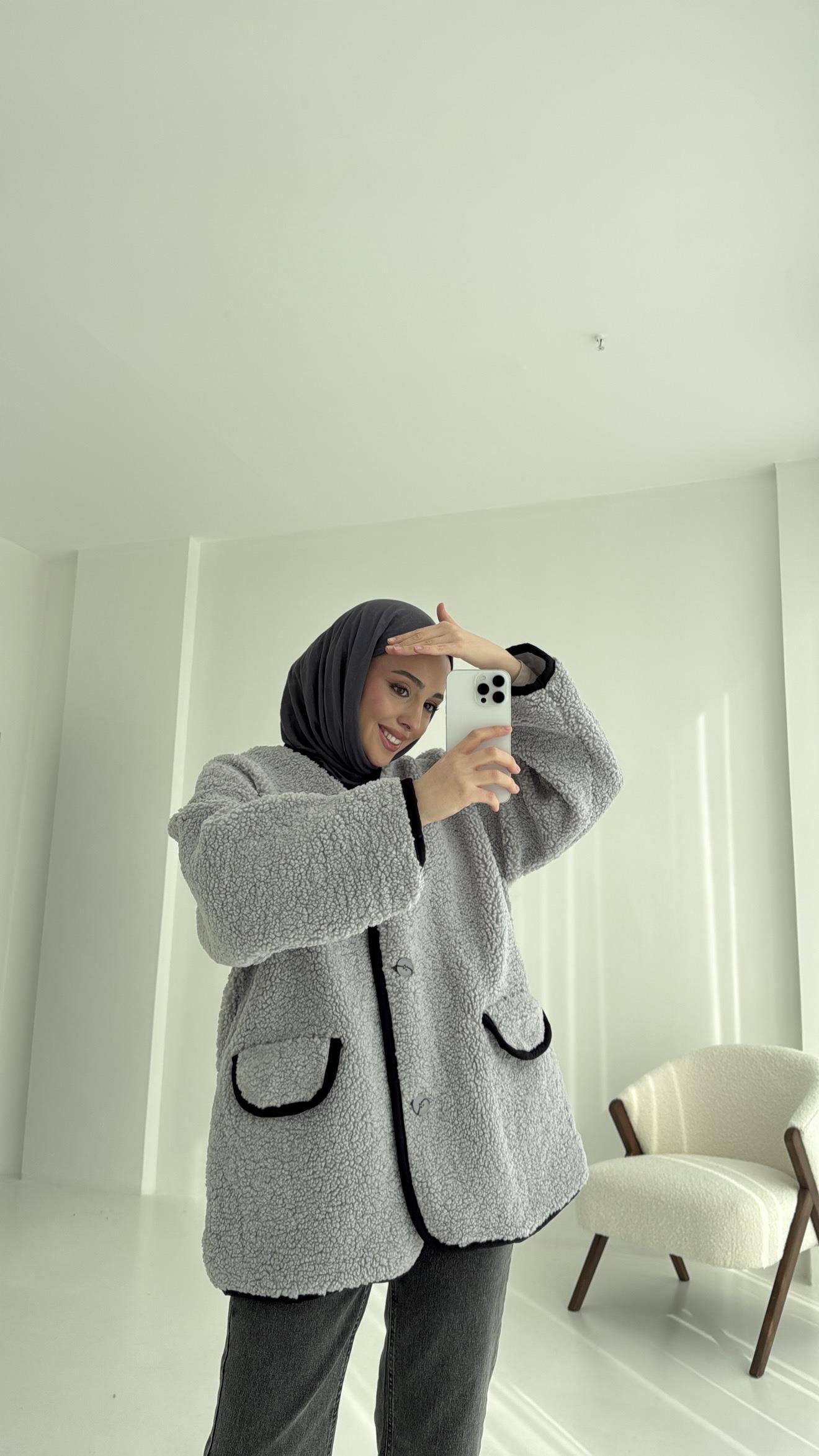 Düğmeli Oversize Teddy Ceket Gri