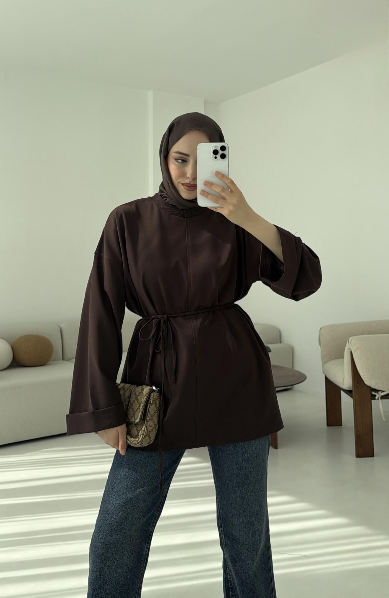 Bağlamalı Yanı Yırtmaç Detay Sweat Kahve