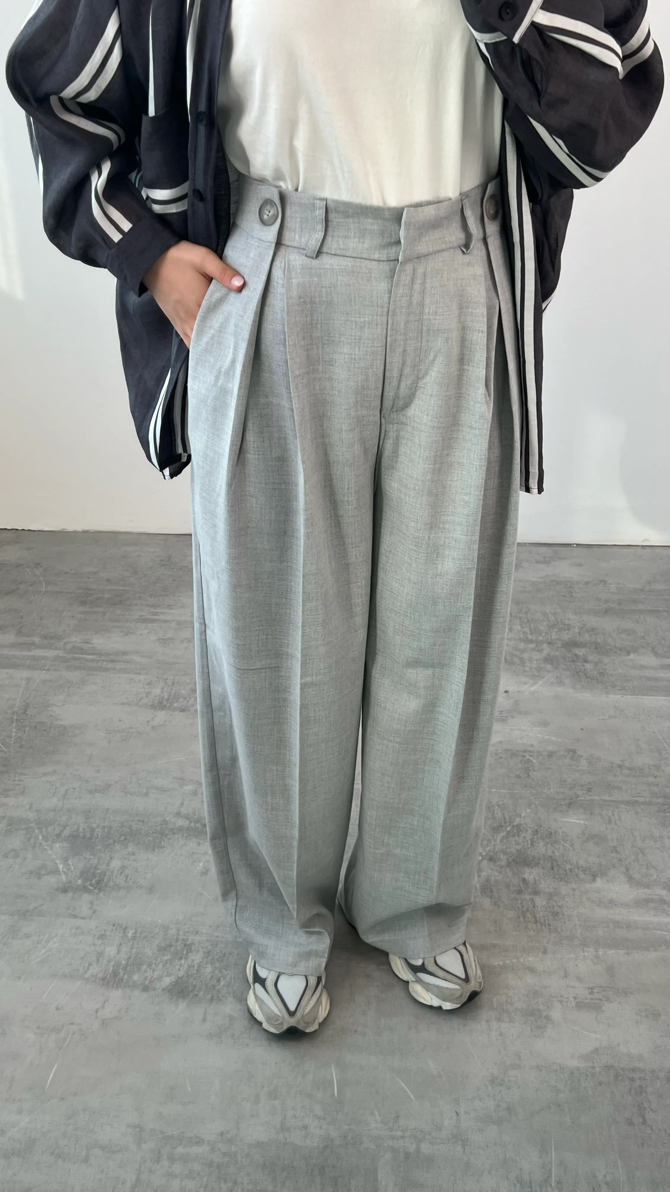 Acık Gri Bel Detay Palazzo Pantolon