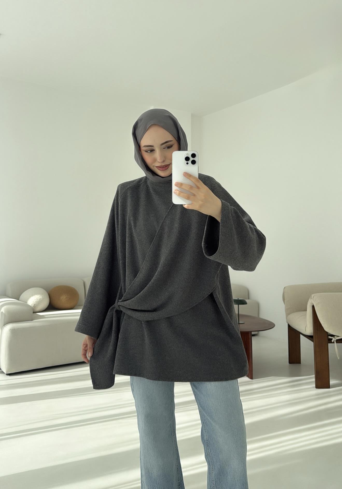 Yandan Şallı Tunik Gri
