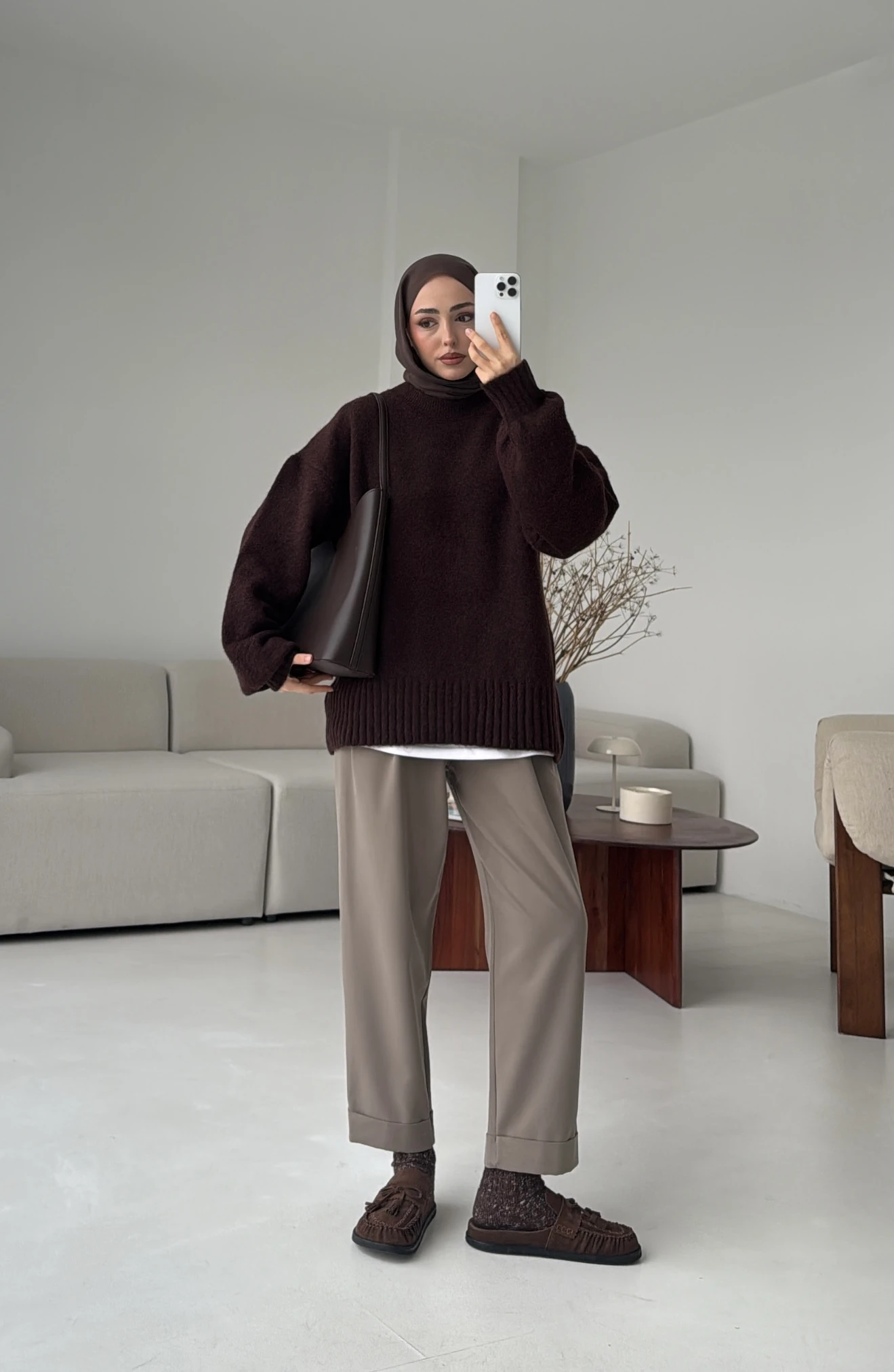 Balon Kol Yumuşak Kazak Kahve