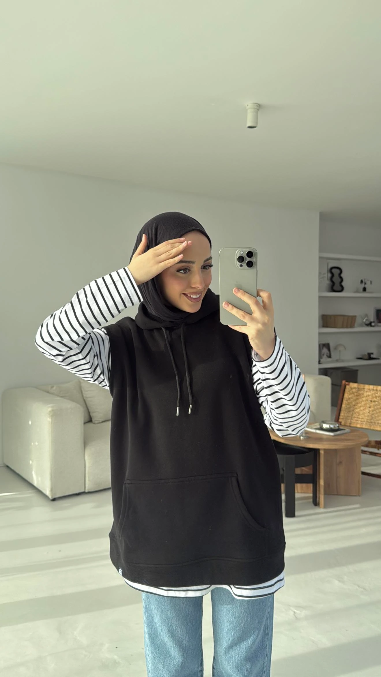 Kapüşonlu Çizgili İki Parçalı Sweat Siyah