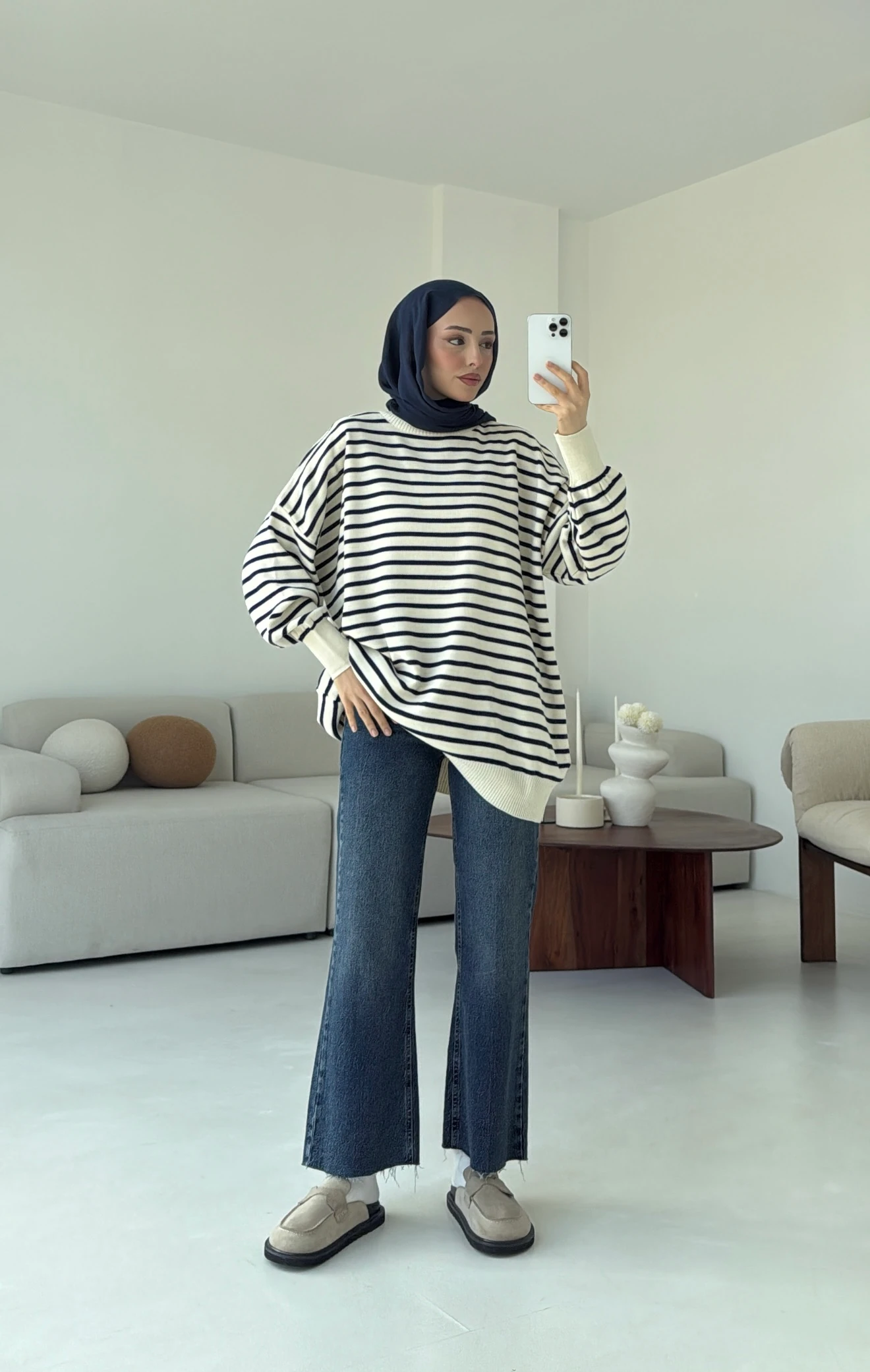 Çizgili Triko Kazak Ekru