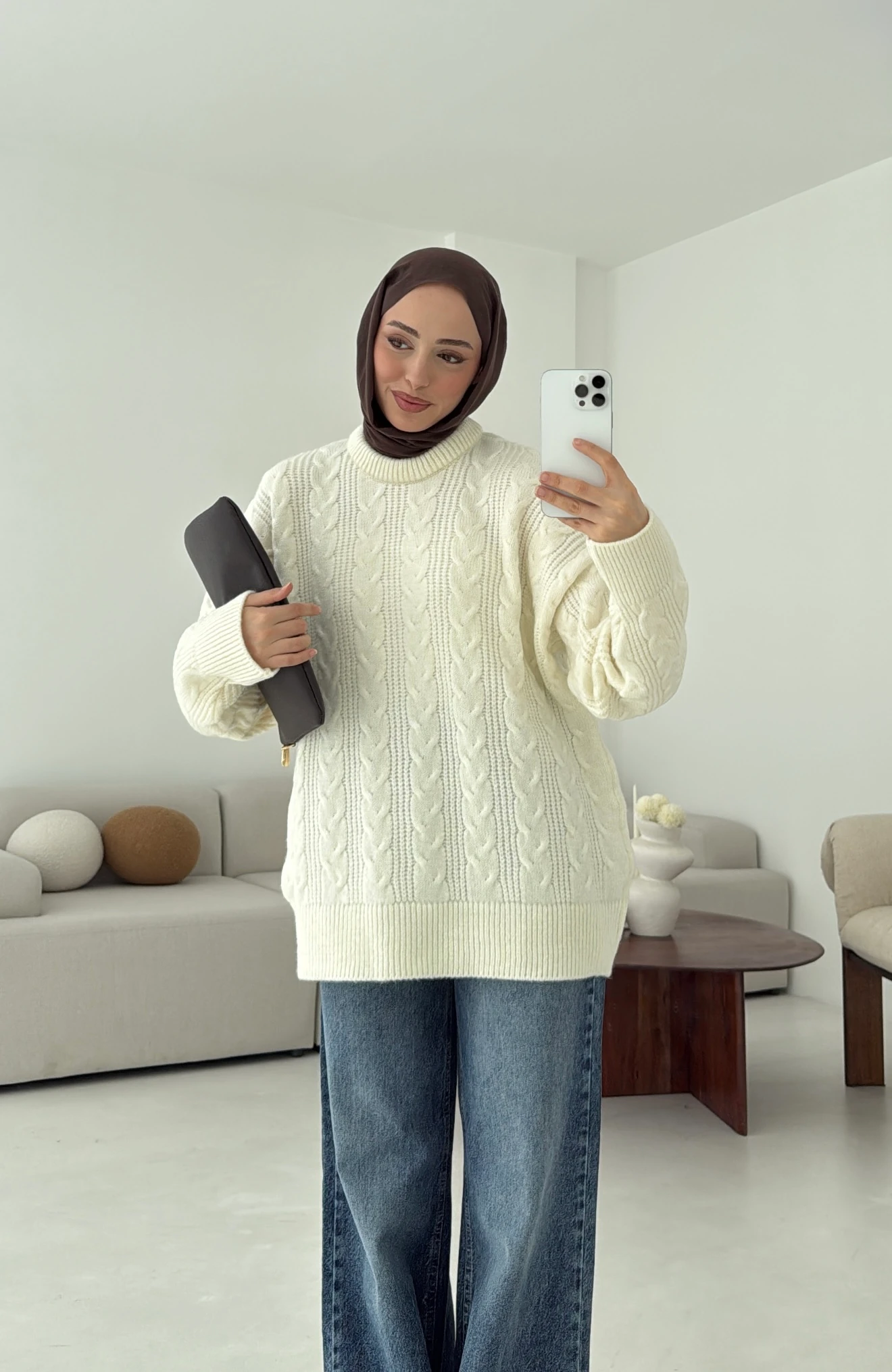 Kalın Saç Örgü Kazak Ekru